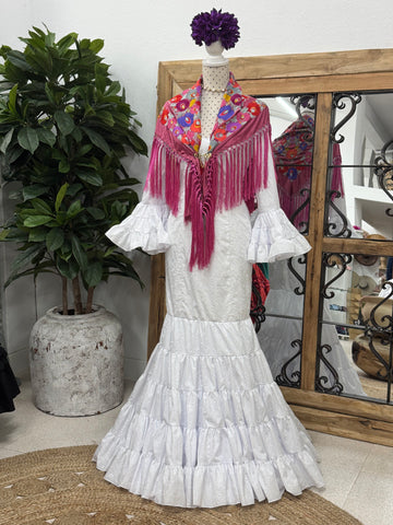 Vestido Flamenca Cordobesa Perforado Blanco