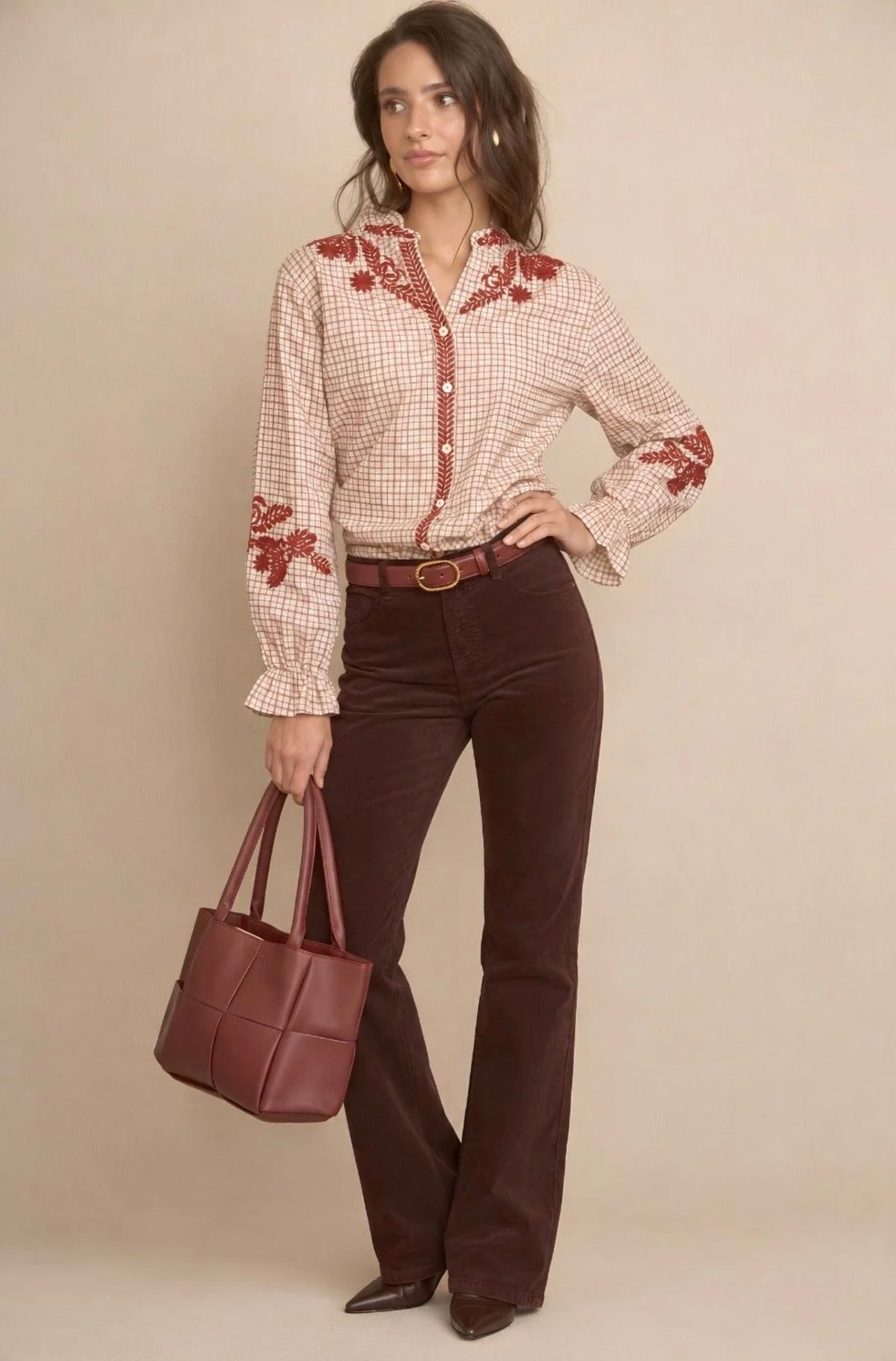 Blusa Cuadros Bordada Burdeos Latido