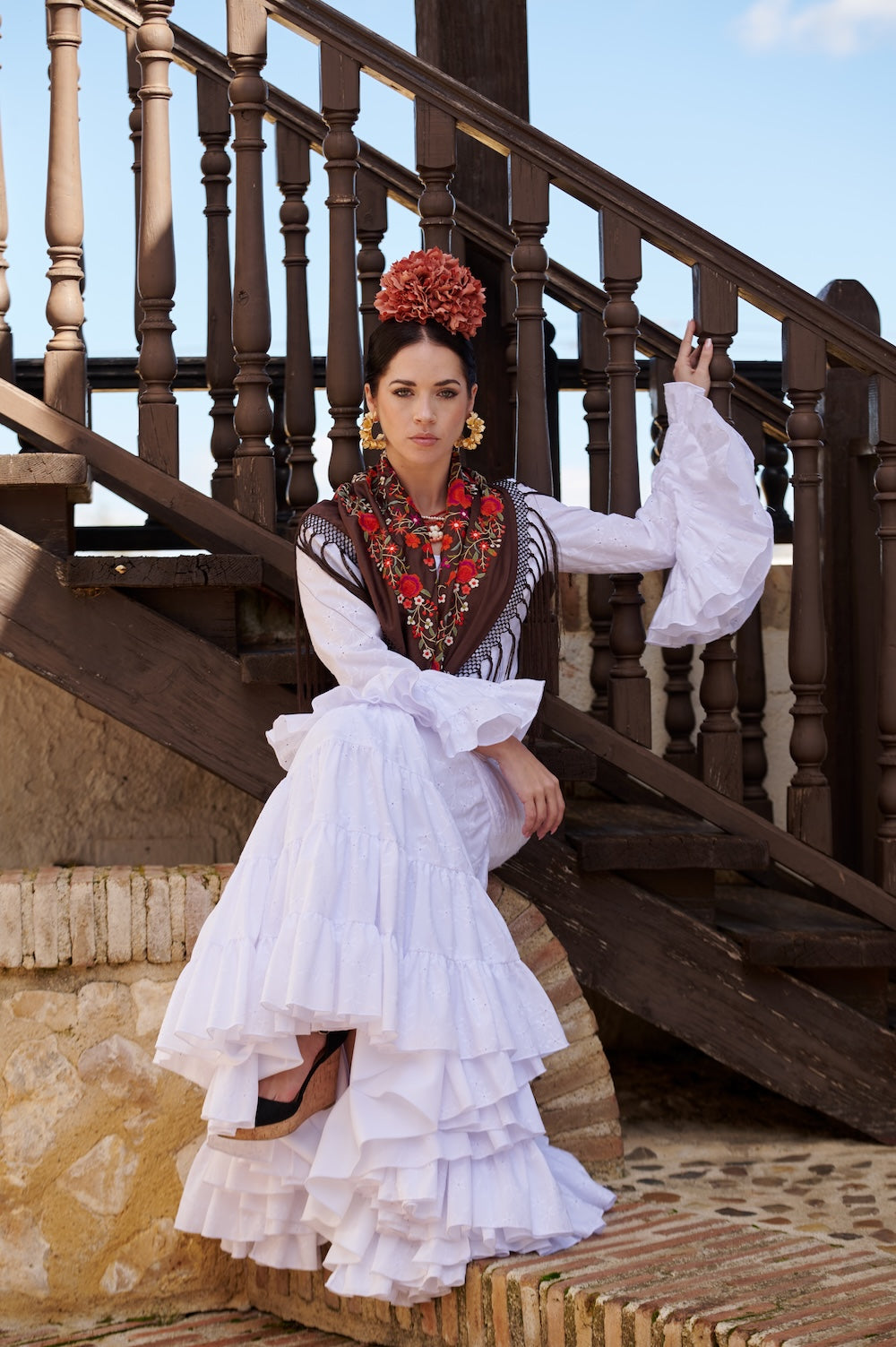 Vestido Flamenca Cordobesa Perforado Blanco T.36,38 y 40