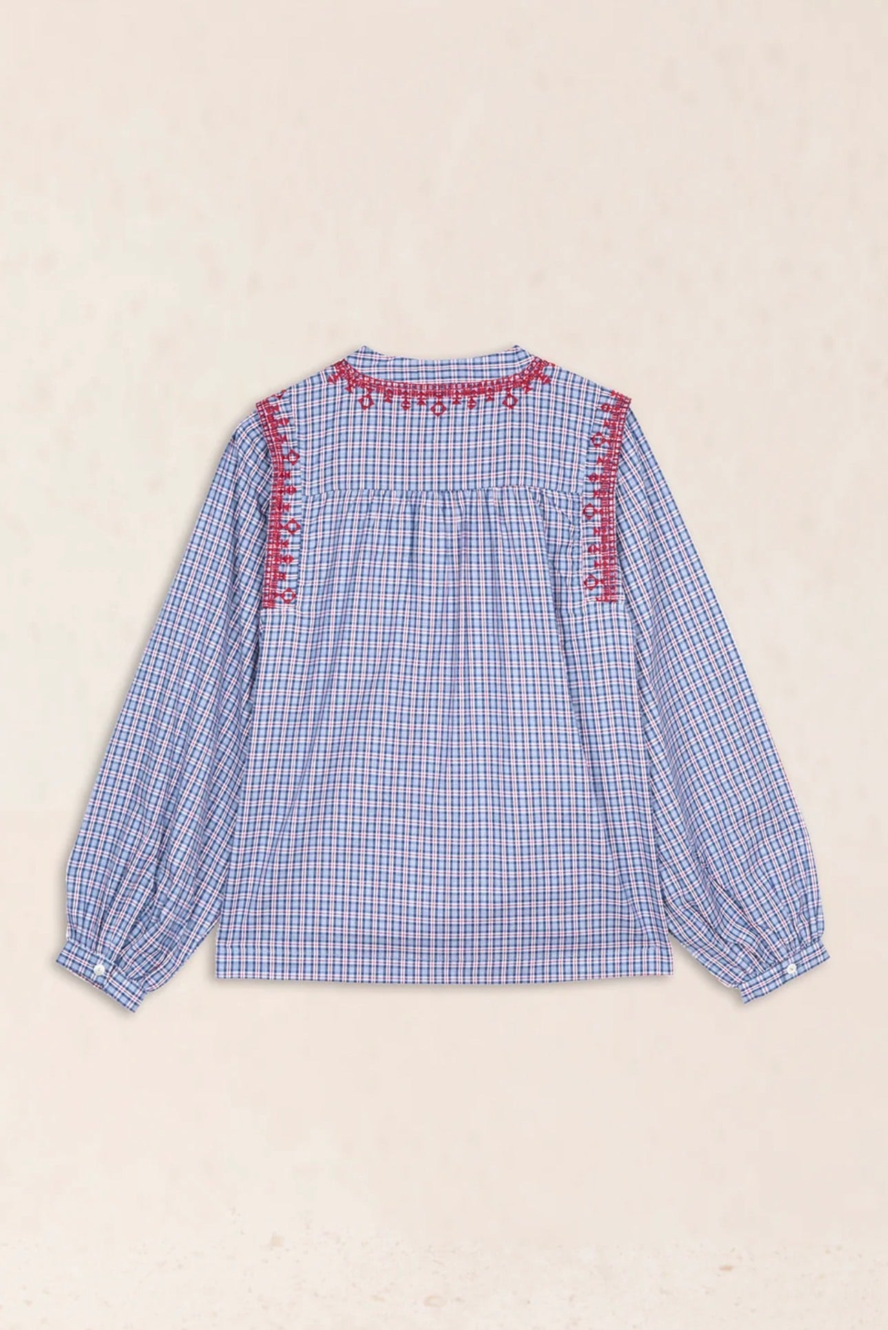 Camisa Cuadris Bordados Étnicos Azul Latido