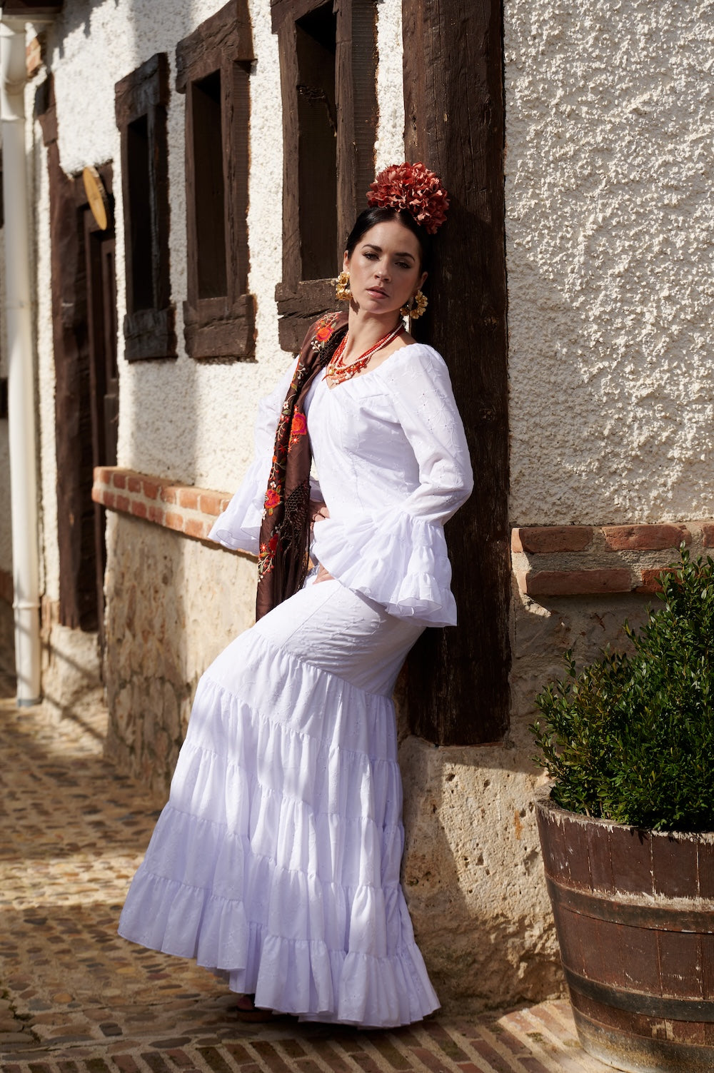 Vestido Flamenca Cordobesa Perforado Blanco T.36,38 y 40