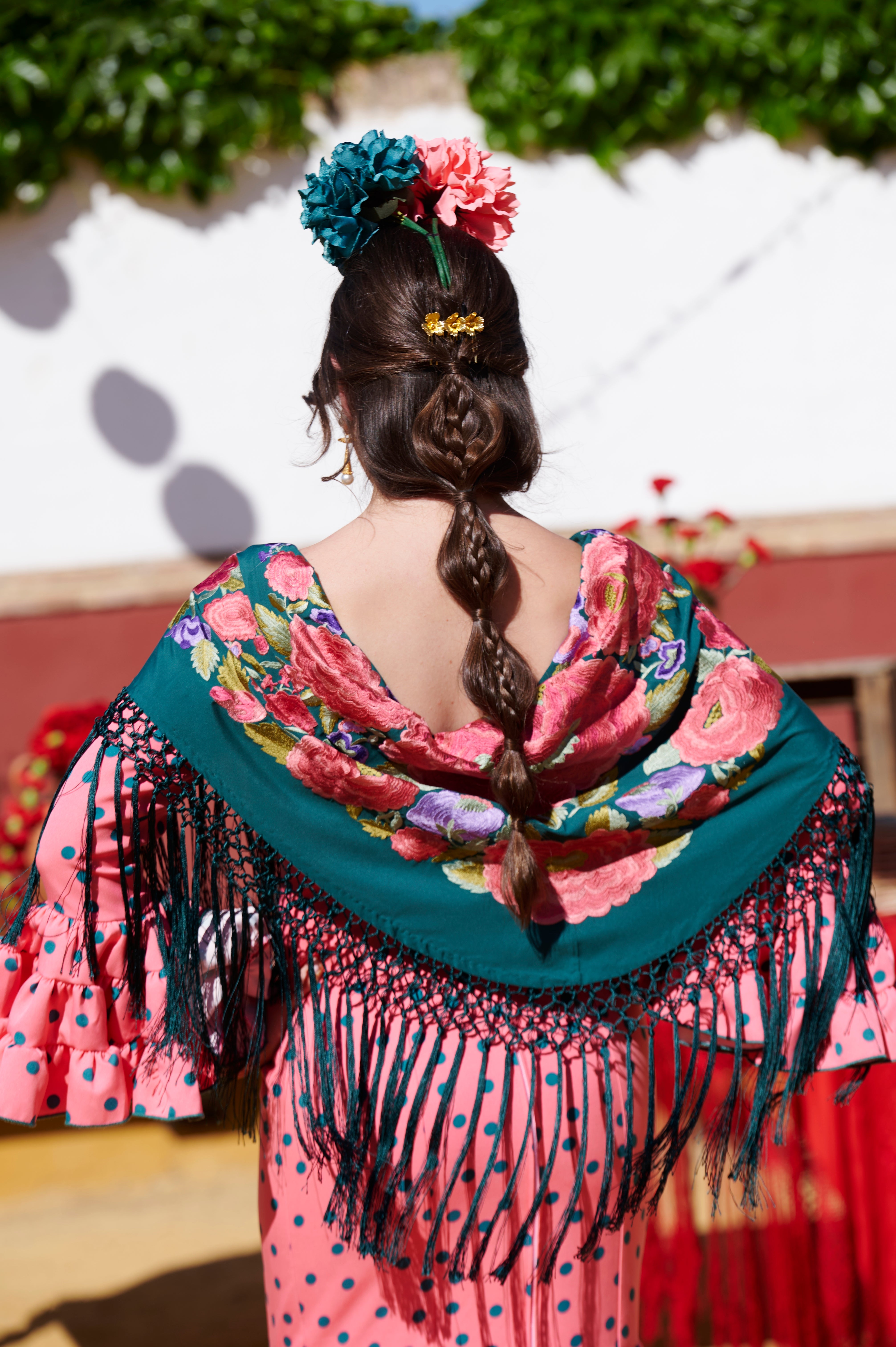 Traje de Flamenca Cordobesa Rosa Coral con Verde T.36