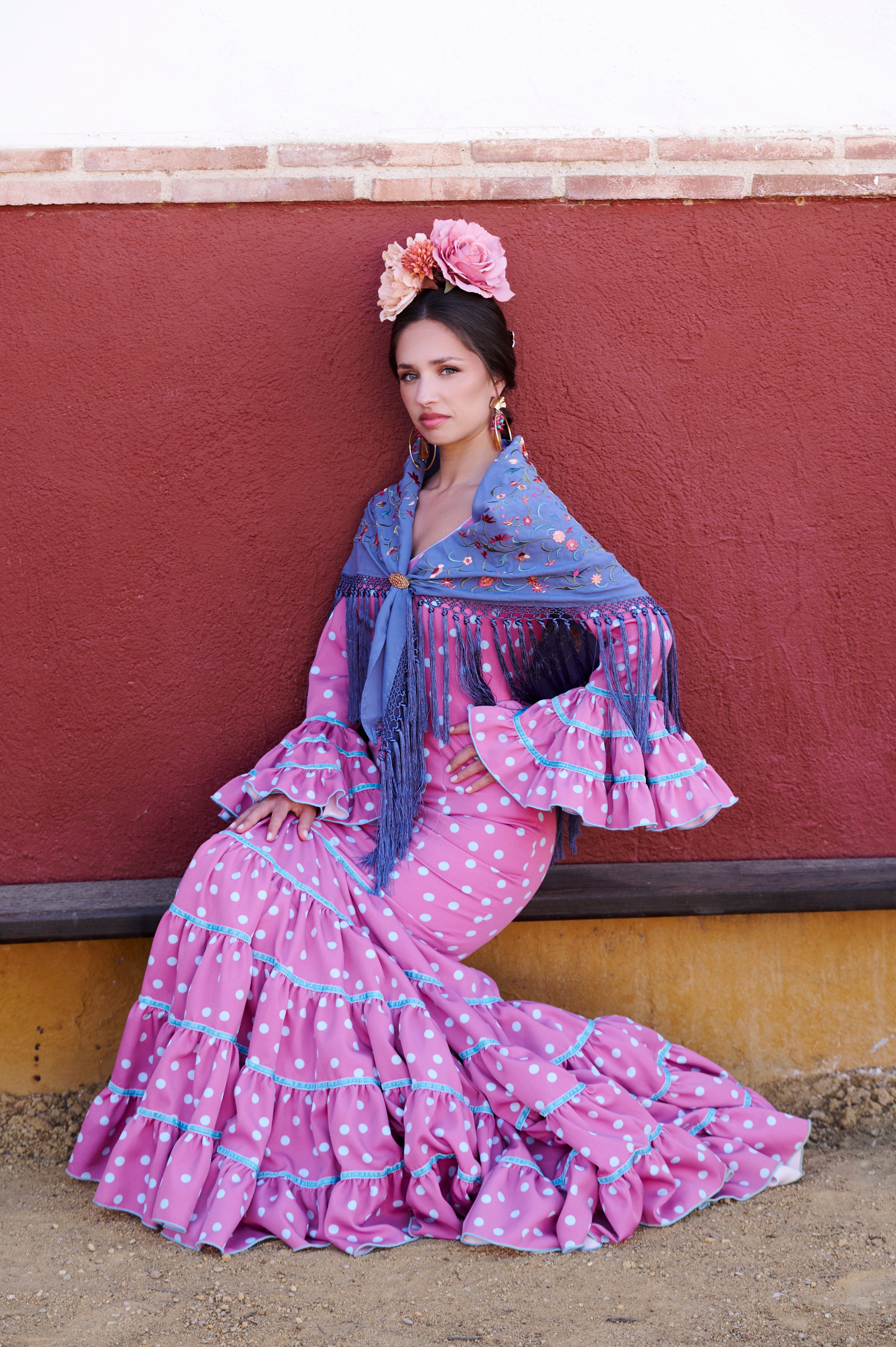 Traje Flamenca Cordobesa Bioelastico Rosa y Celeste T.34