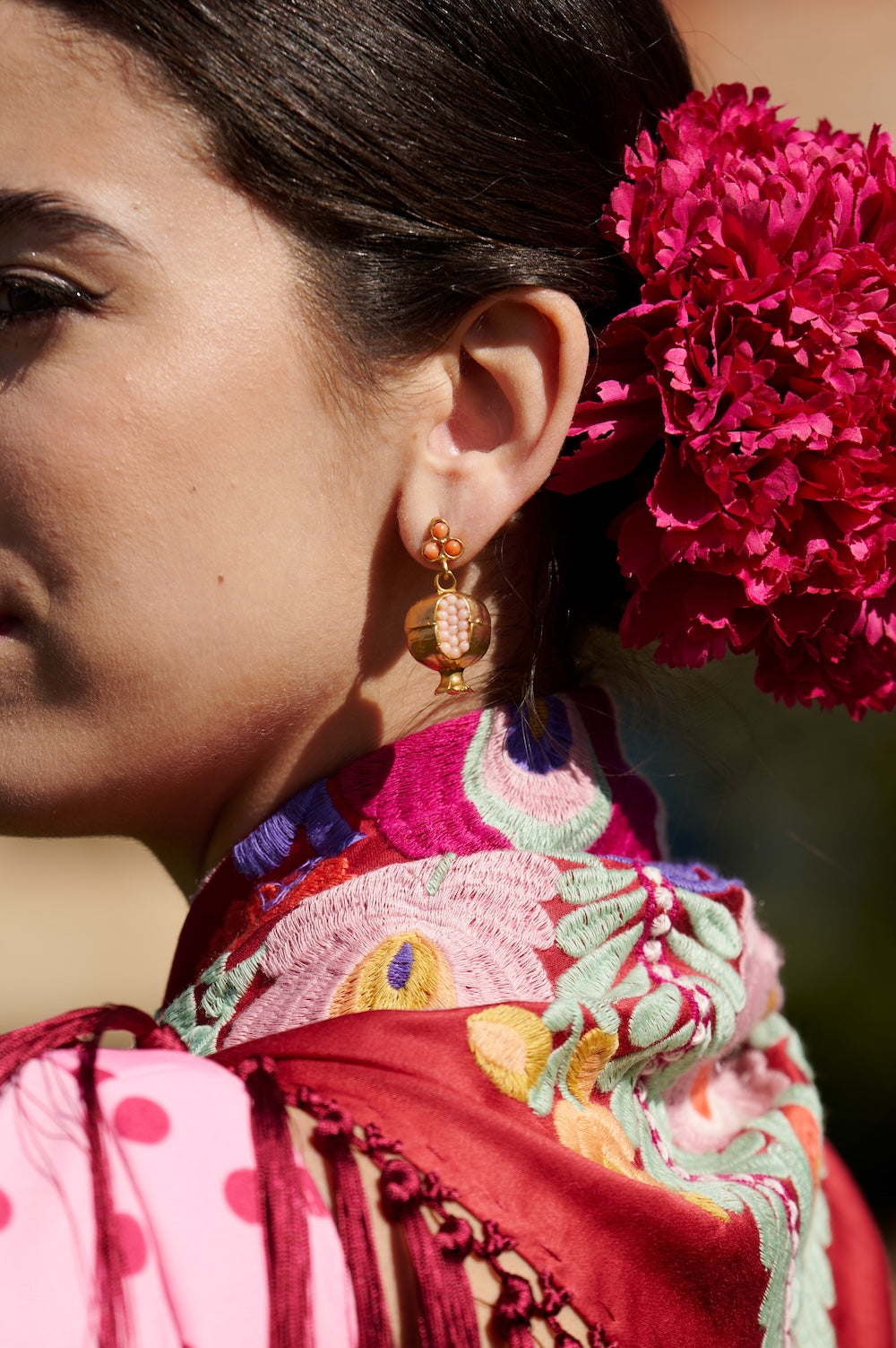 Traje de Flamenca Mod.Cordobesa Bioelastico Rosa con Burdeos