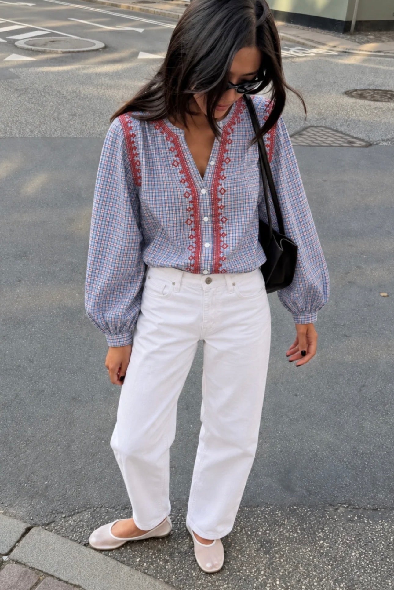 Camisa Cuadris Bordados Étnicos Azul Latido