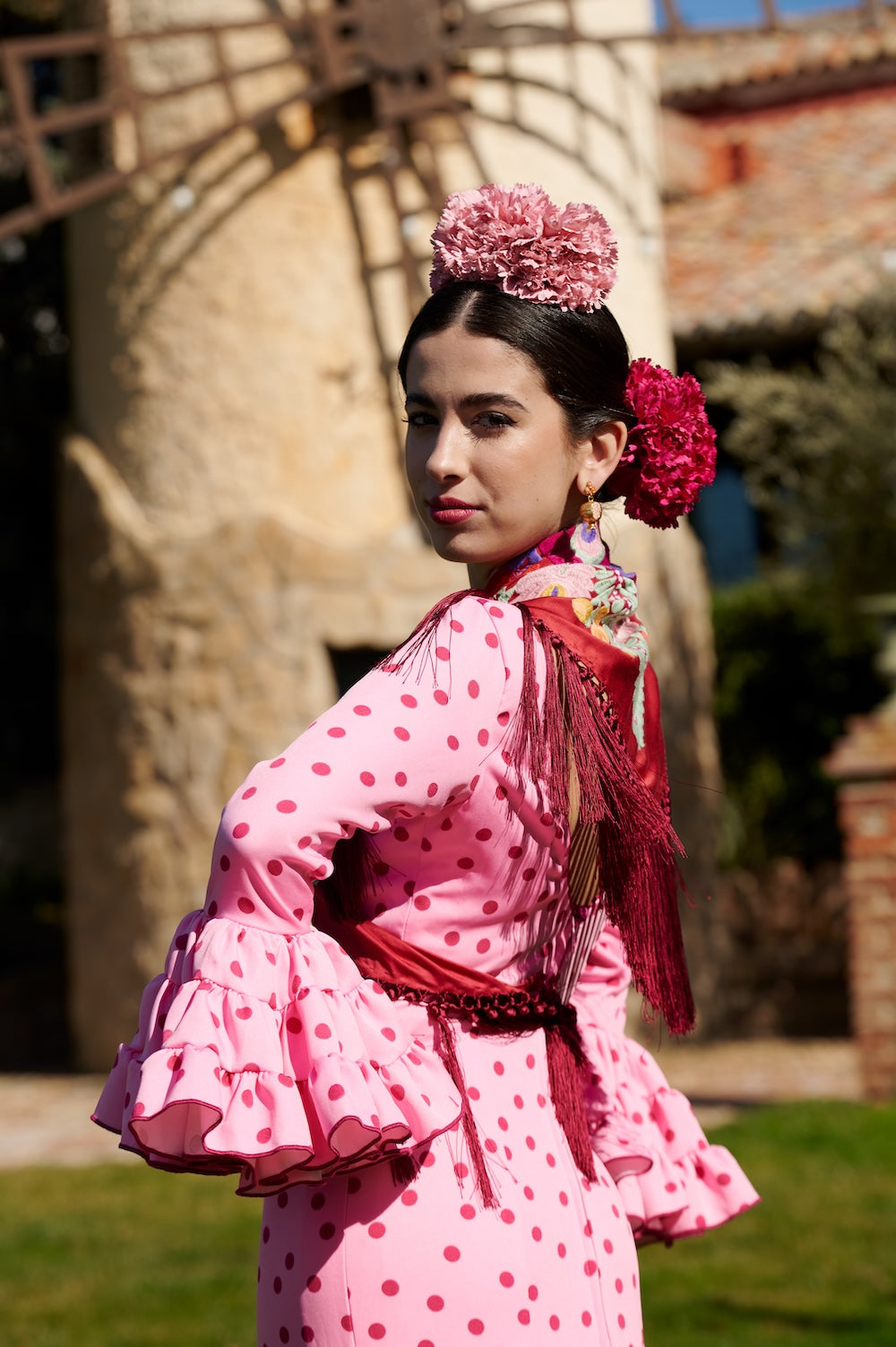 Traje de Flamenca Mod.Cordobesa Bioelastico Rosa con Burdeos