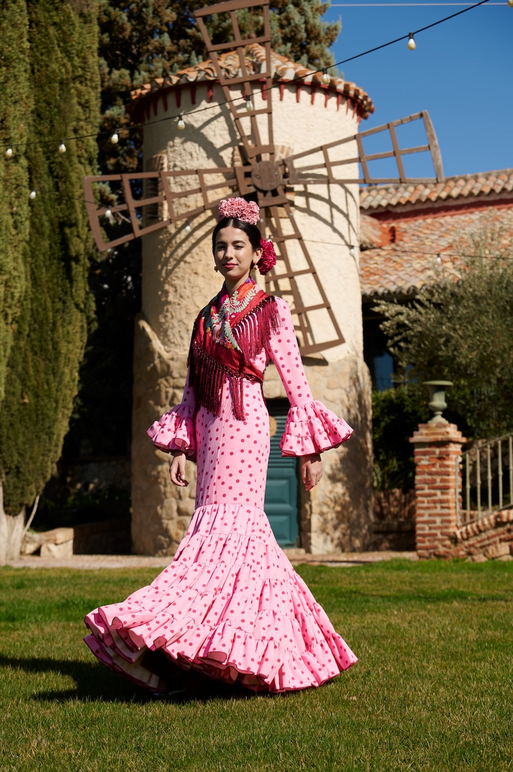 Traje de Flamenca Mod.Cordobesa Bioelastico Rosa con Burdeos