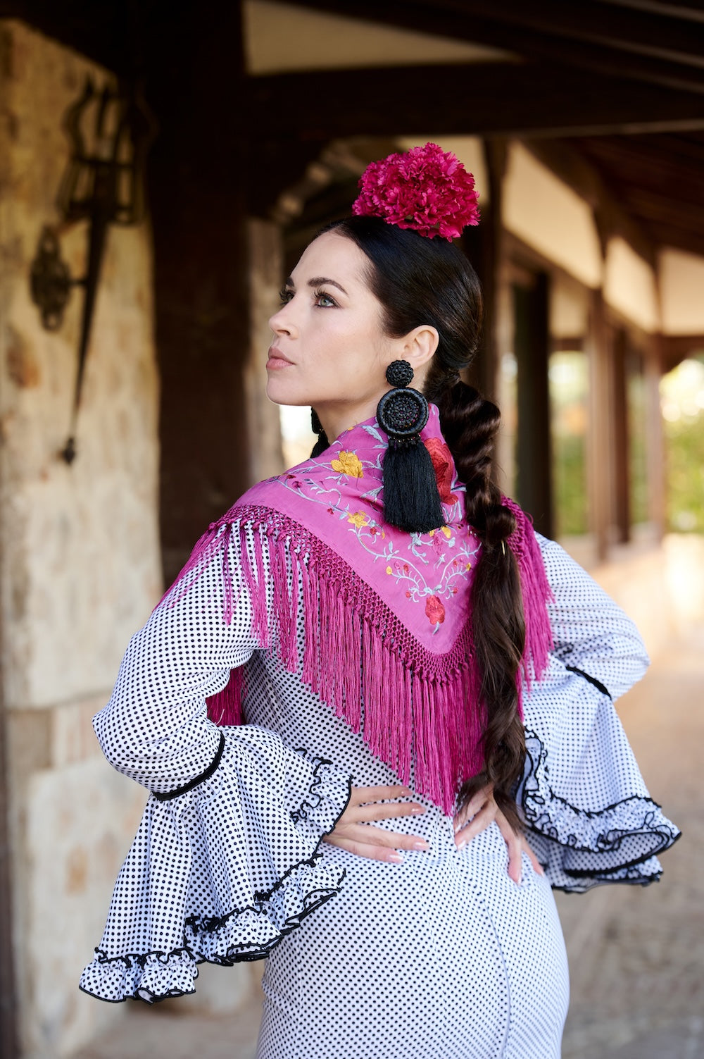 Traje Flamenca Mod. Madrid Blanco Lunar Negro
