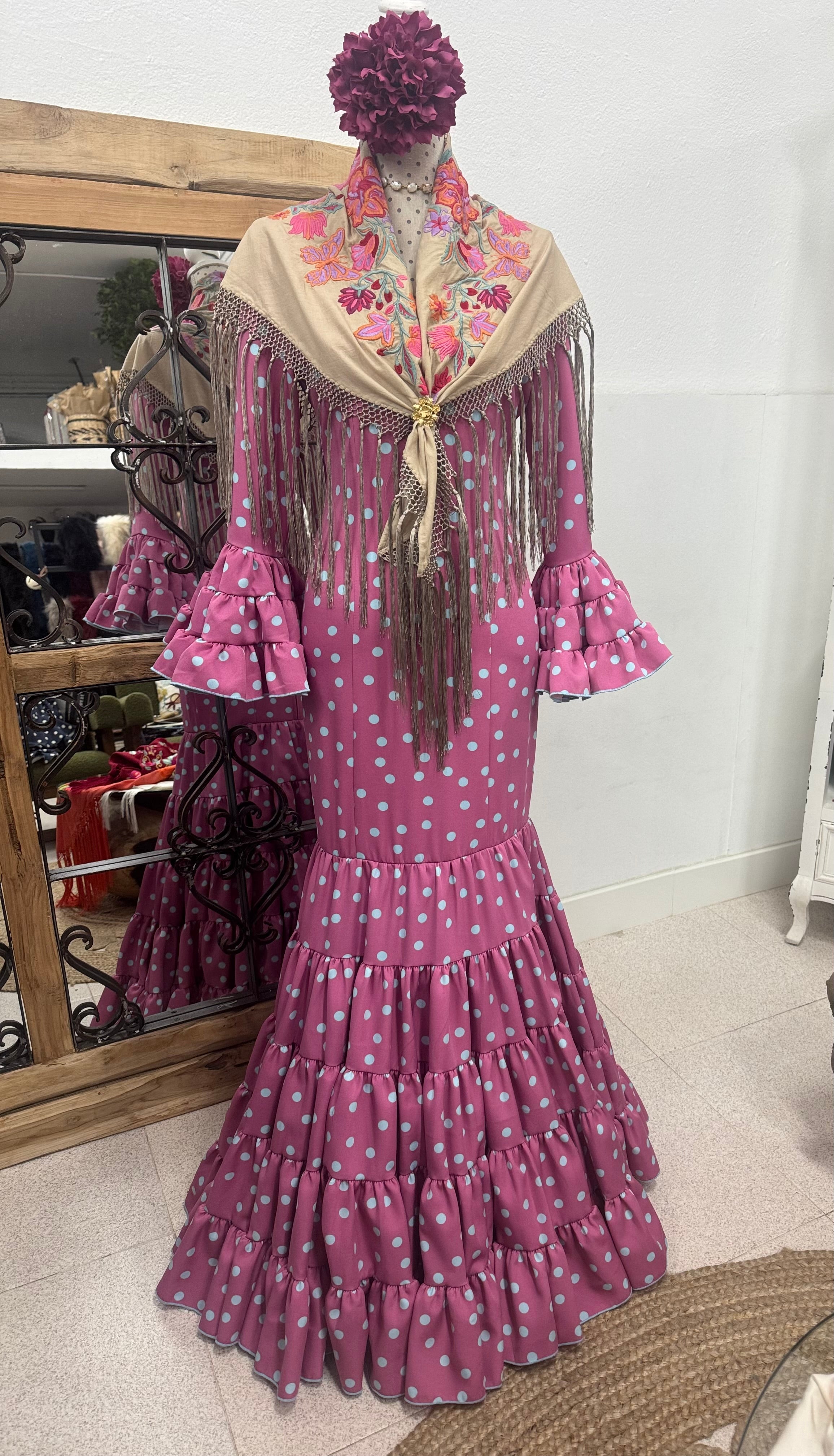 Traje de Flamenca Mod.Cordobesa Bioelastico Rosa y Azul