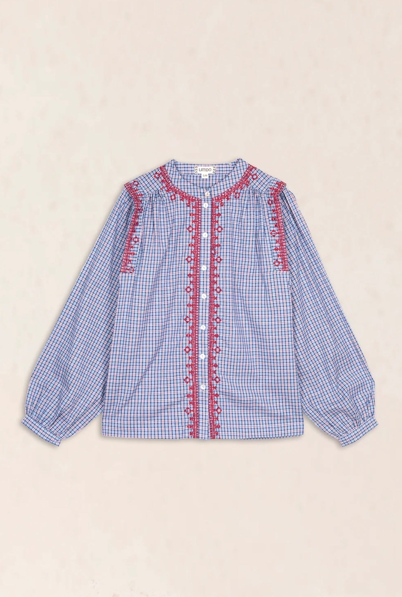 Camisa Cuadris Bordados Étnicos Azul Latido