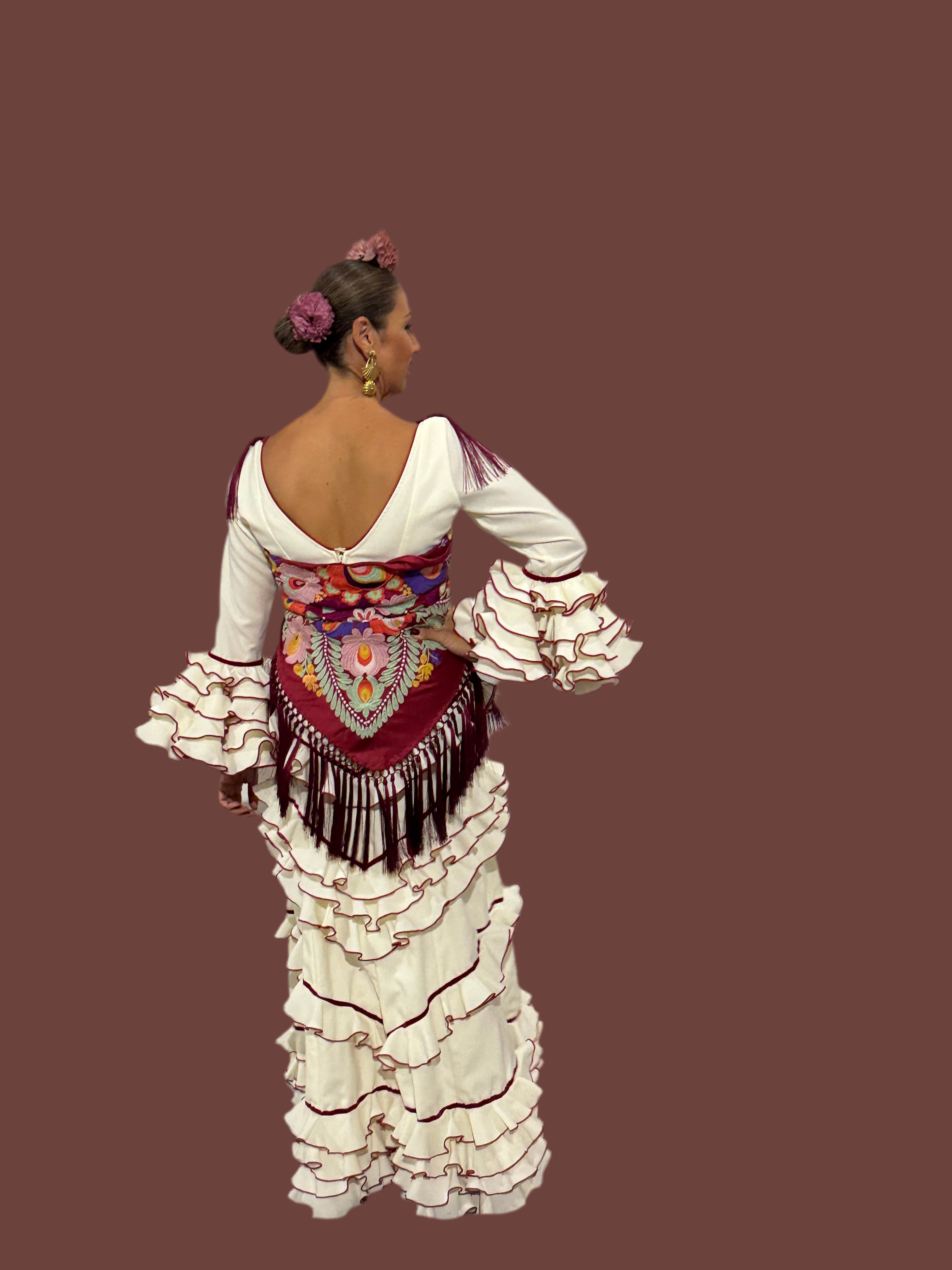 Traje de Flamenca Mod.Mairena Beig terciopelo Rojo