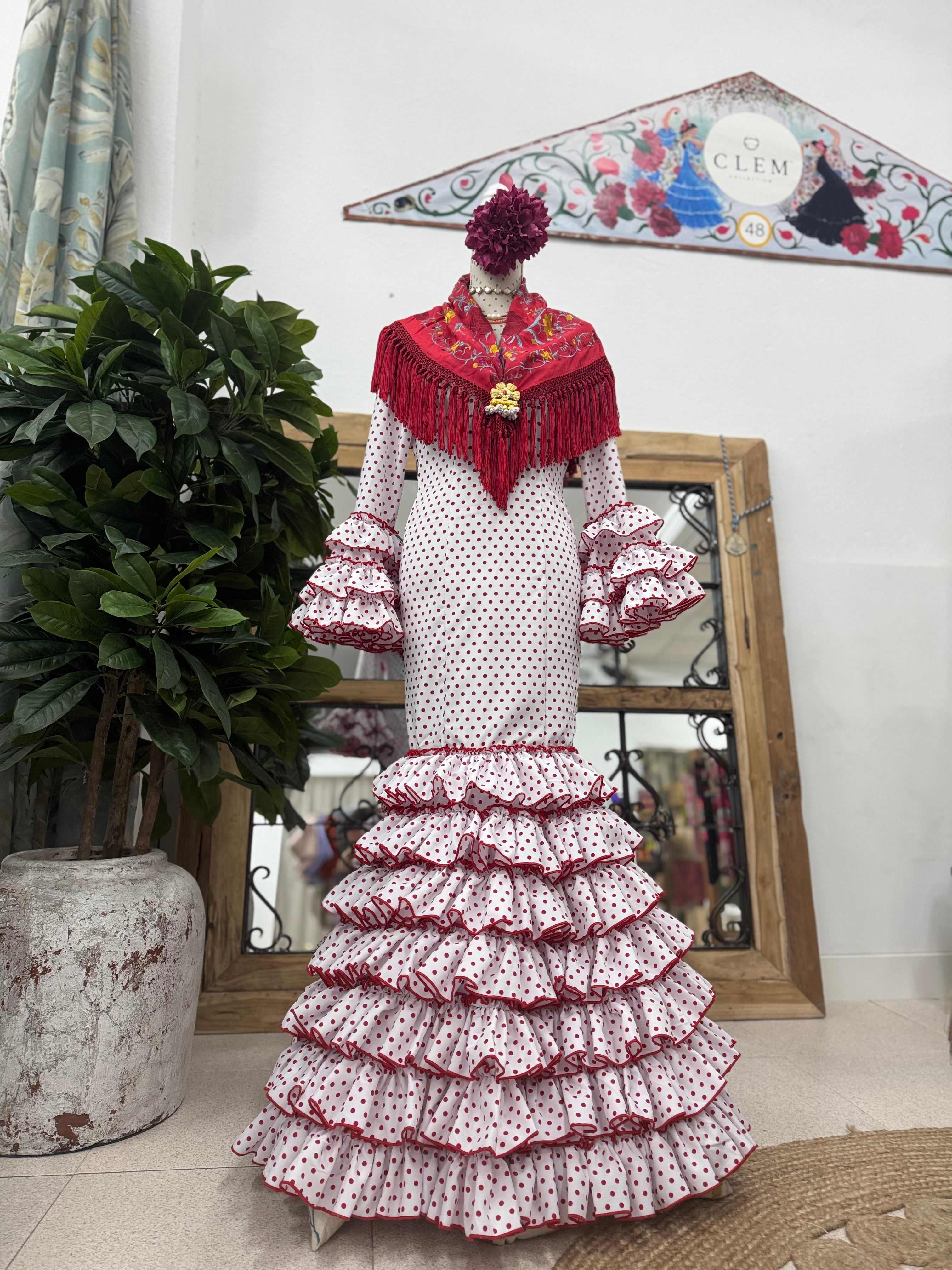 Traje de Flamenca Mod. Sevilla Blanco lunar Rojo