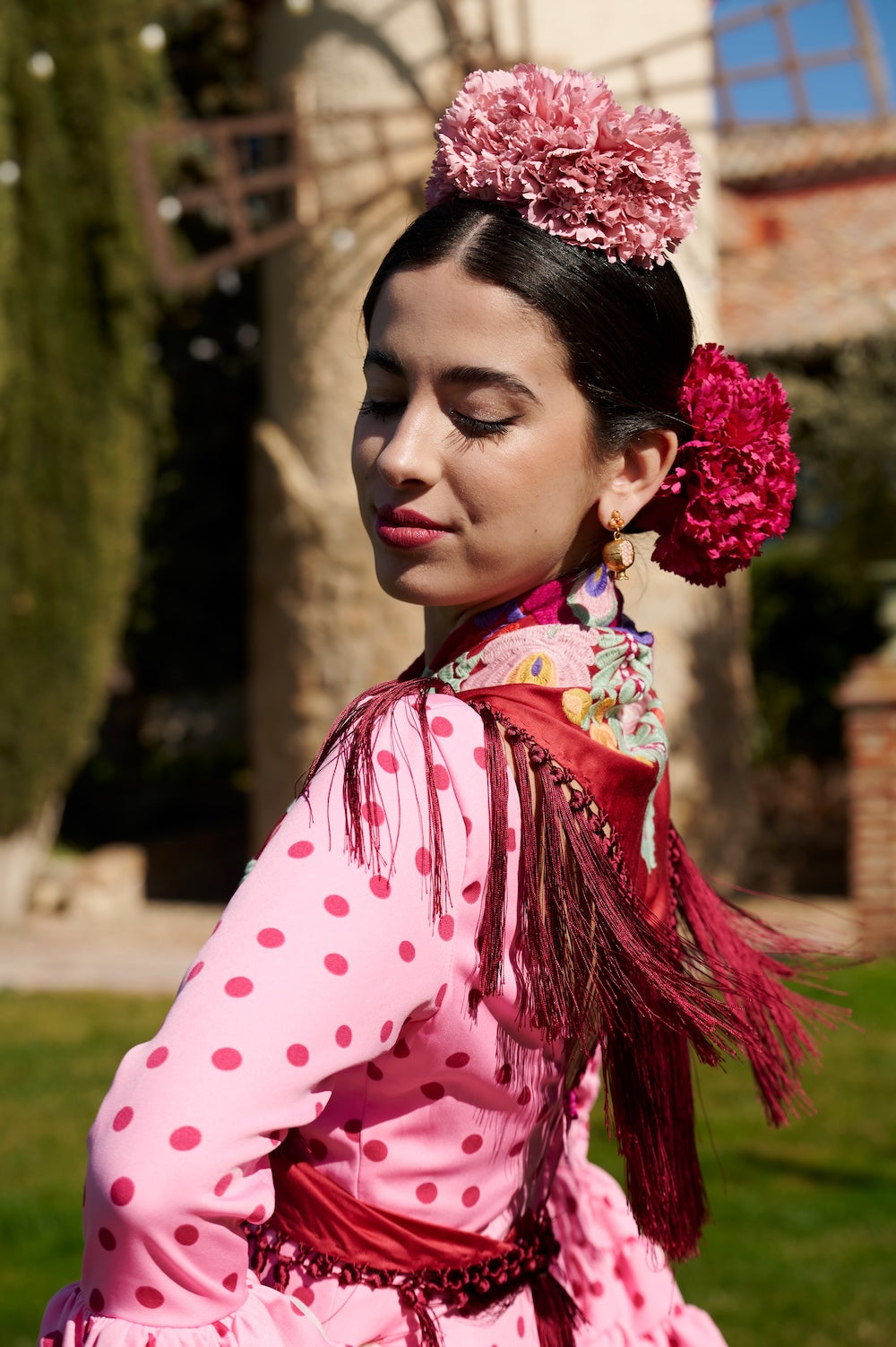 Traje de Flamenca Mod.Cordobesa Bioelastico Rosa con Burdeos
