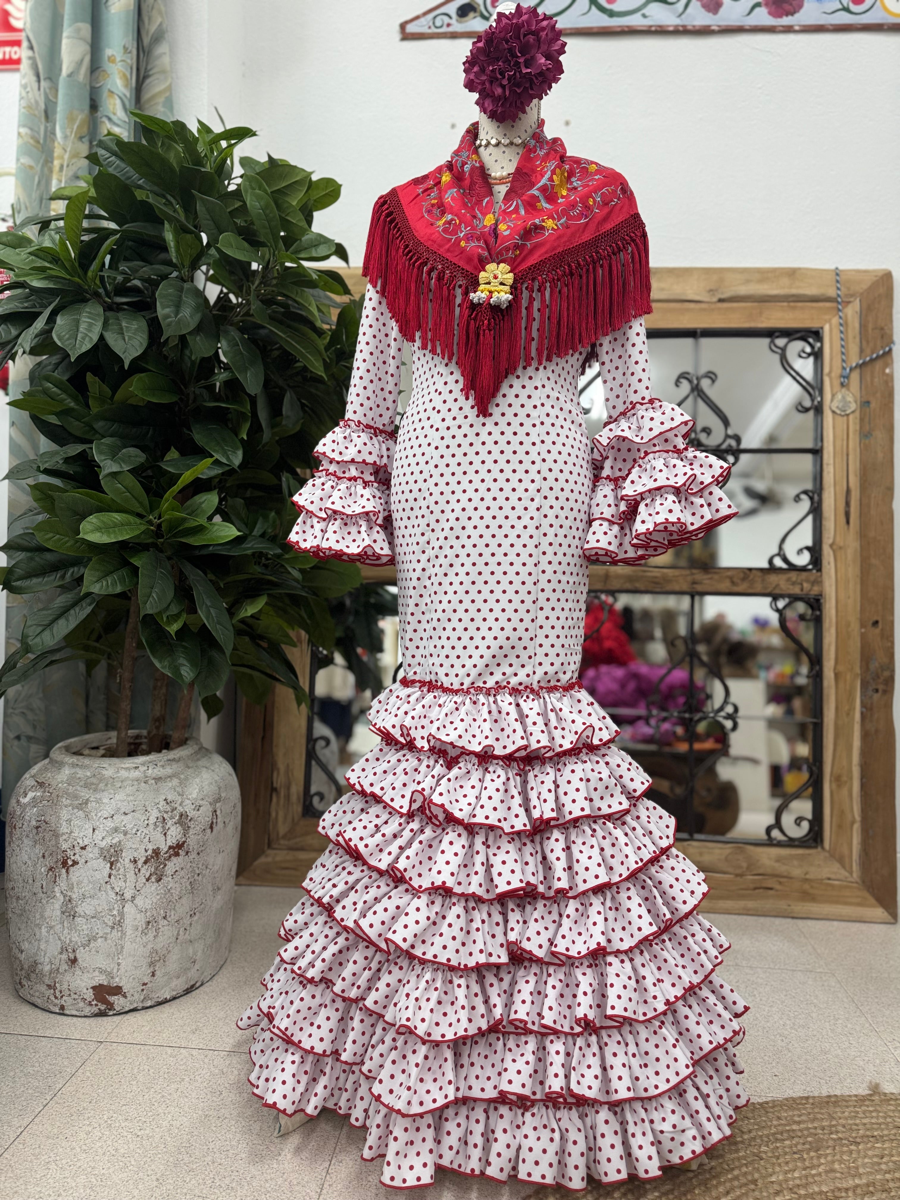 Traje de Flamenca Mod. Sevilla Blanco lunar Rojo