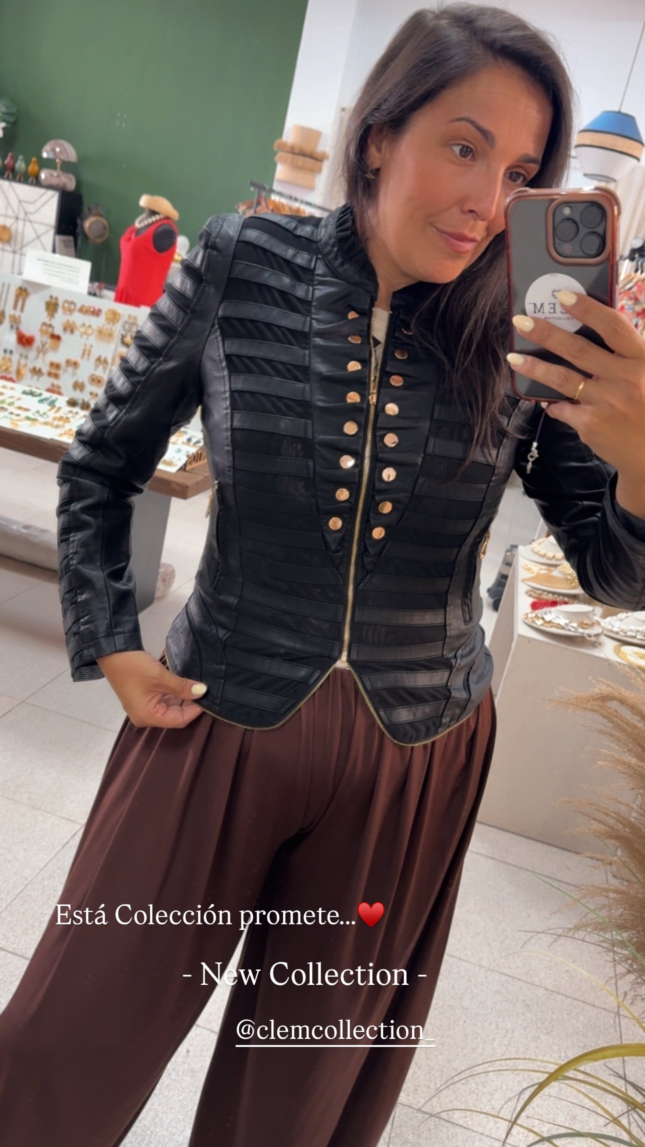 Chaqueta Cuero Botones Negra