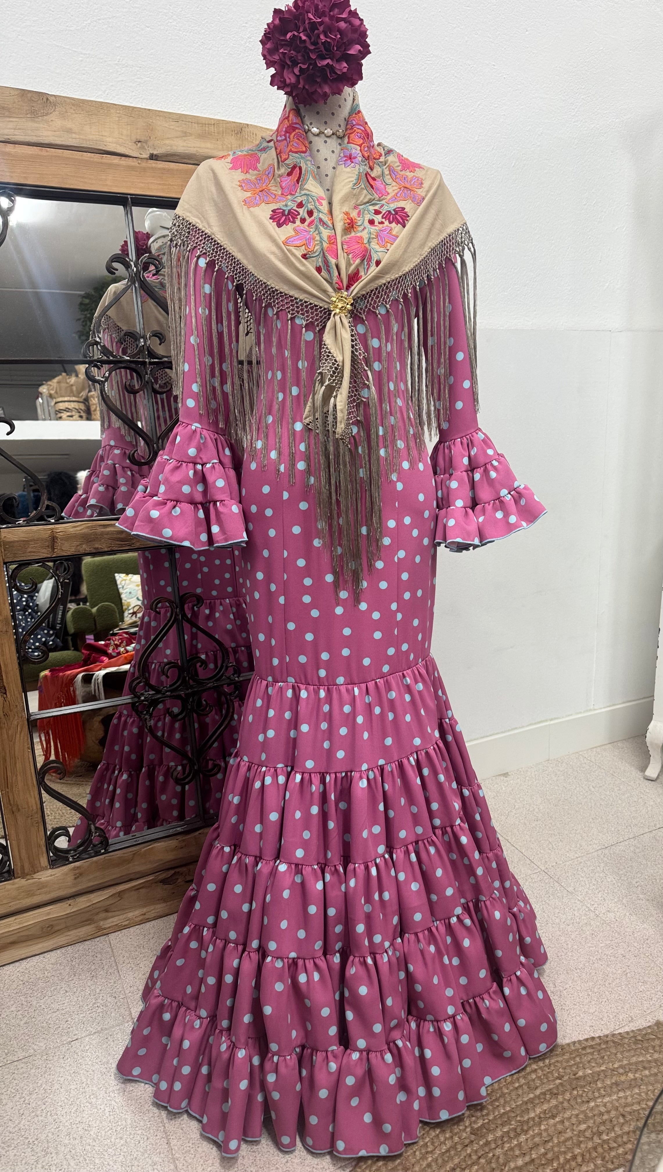 Traje de Flamenca Mod.Cordobesa Bioelastico Rosa y Azul