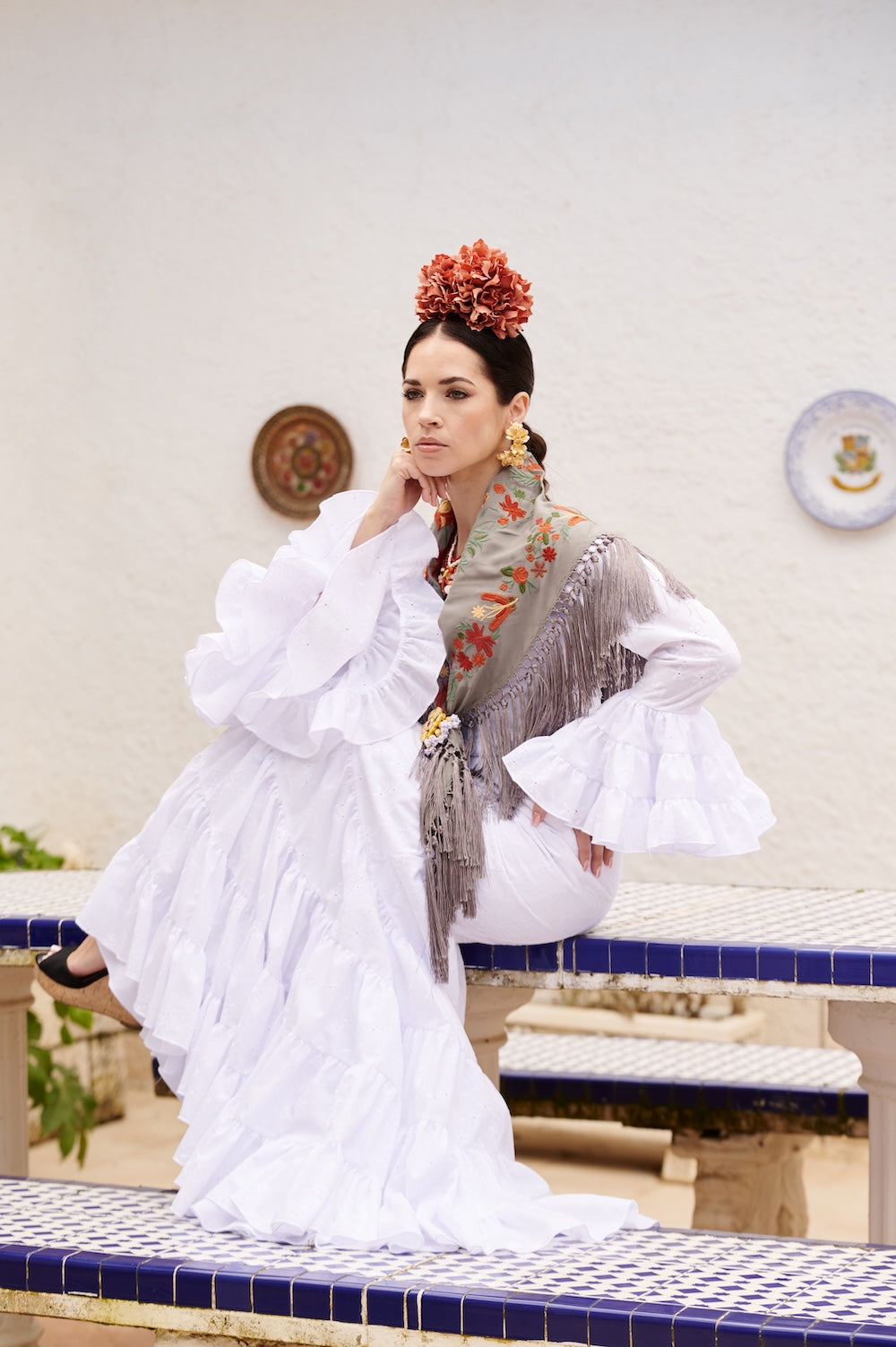 Vestido Flamenca Cordobesa Perforado Blanco T.36,38 y 40