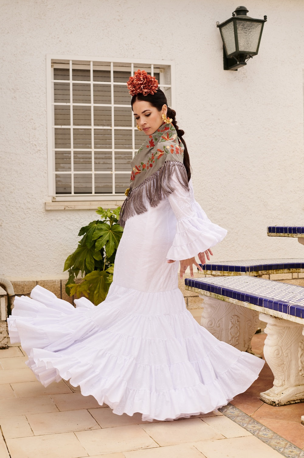 Vestido Flamenca Cordobesa Perforado Blanco T.36,38 y 40