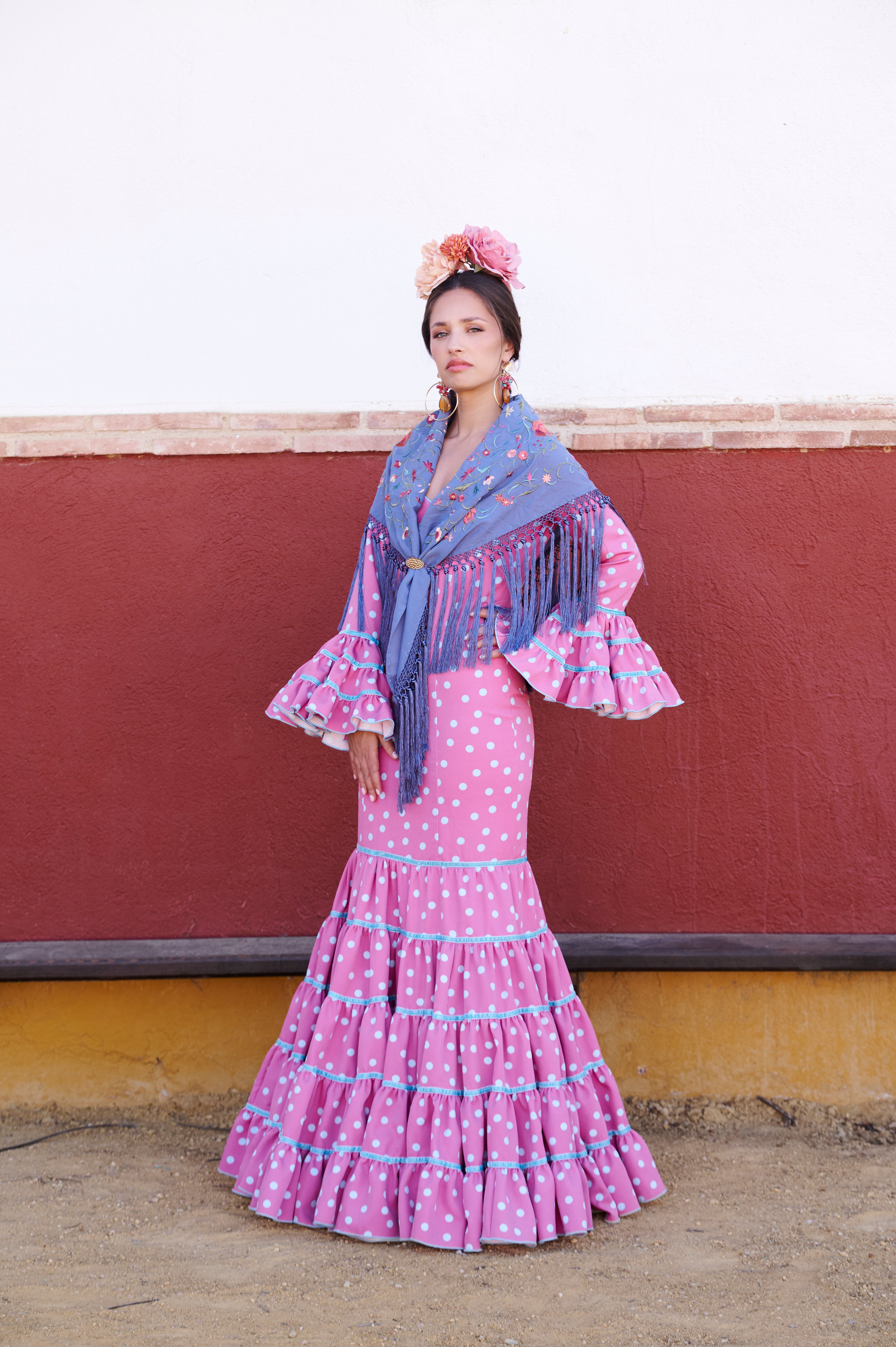 Traje Flamenca Cordobesa Bioelastico Rosa y Celeste T.34
