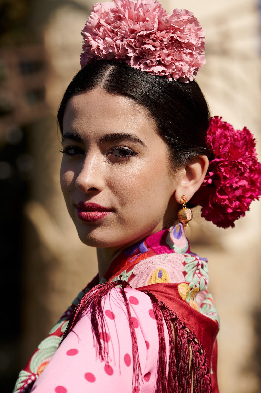 Traje de Flamenca Mod.Cordobesa Bioelastico Rosa con Burdeos