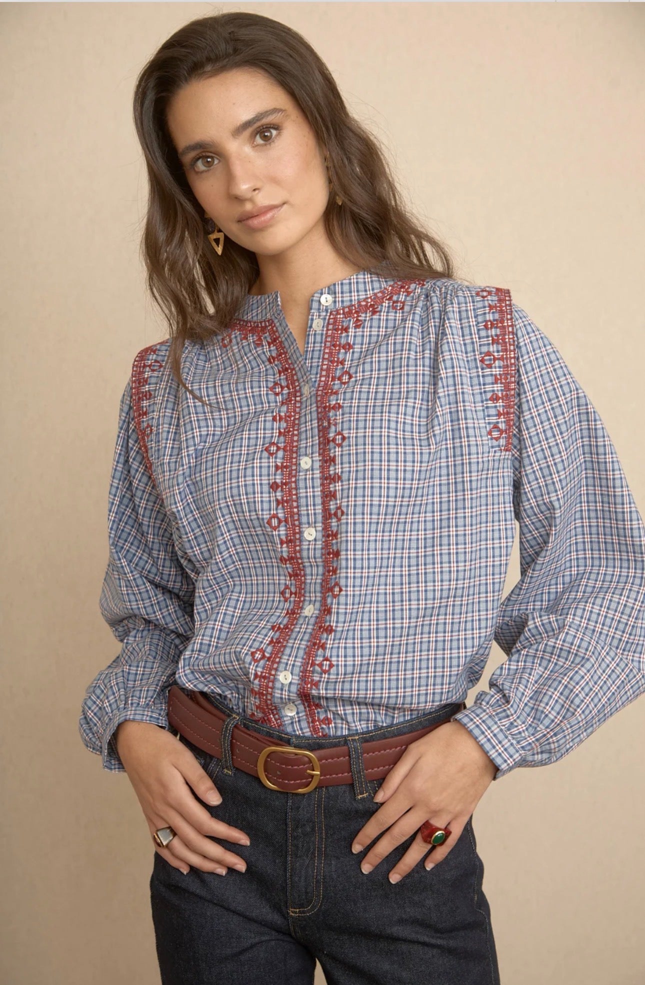 Camisa Cuadris Bordados Étnicos Azul Latido