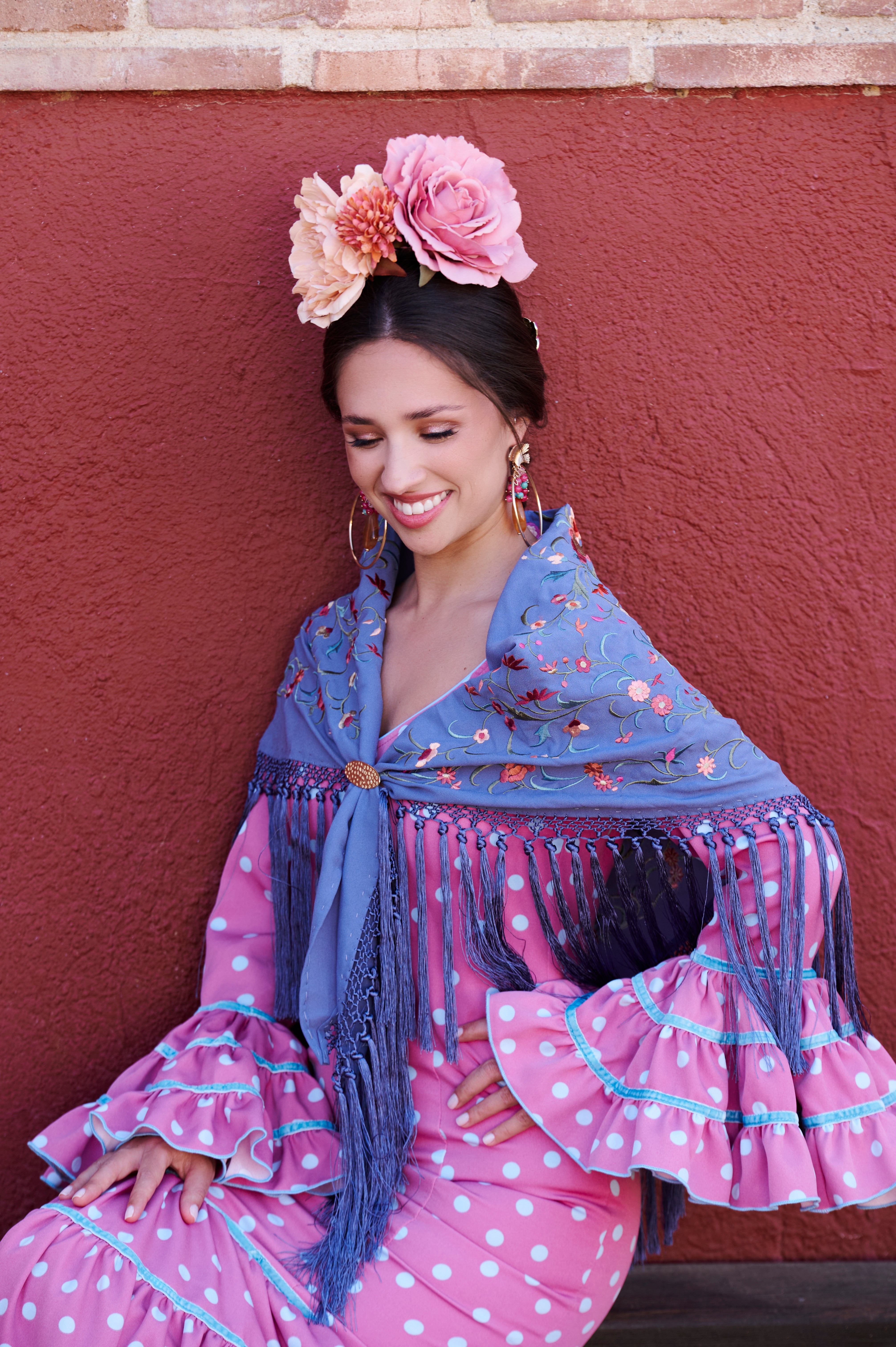 Traje Flamenca Cordobesa Bioelastico Rosa y Celeste T.34
