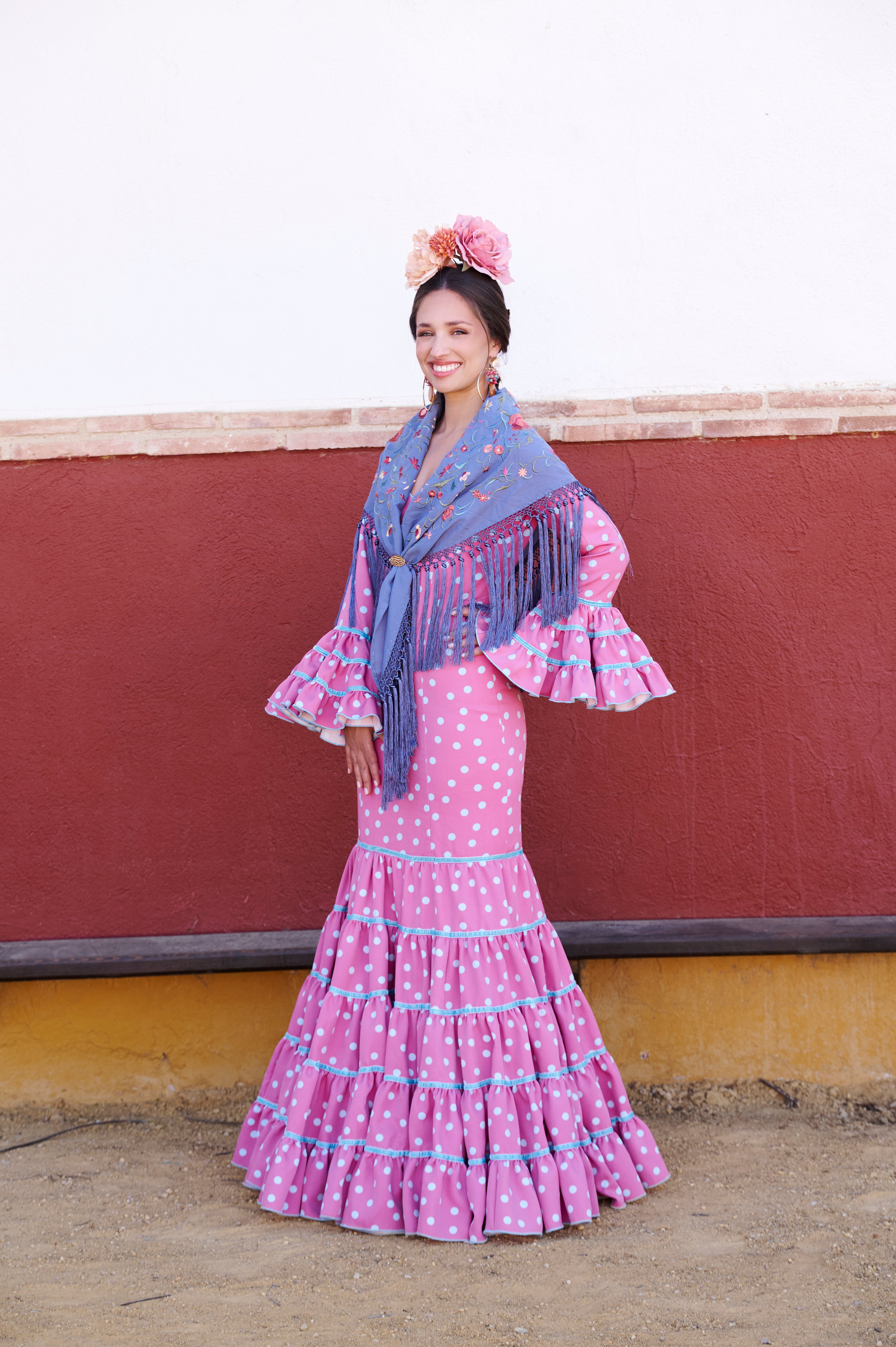 Traje Flamenca Cordobesa Bioelastico Rosa y Celeste T.34
