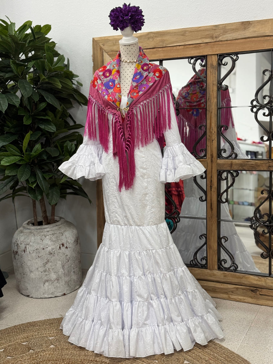 Vestido Flamenca Cordobesa Perforado Blanco