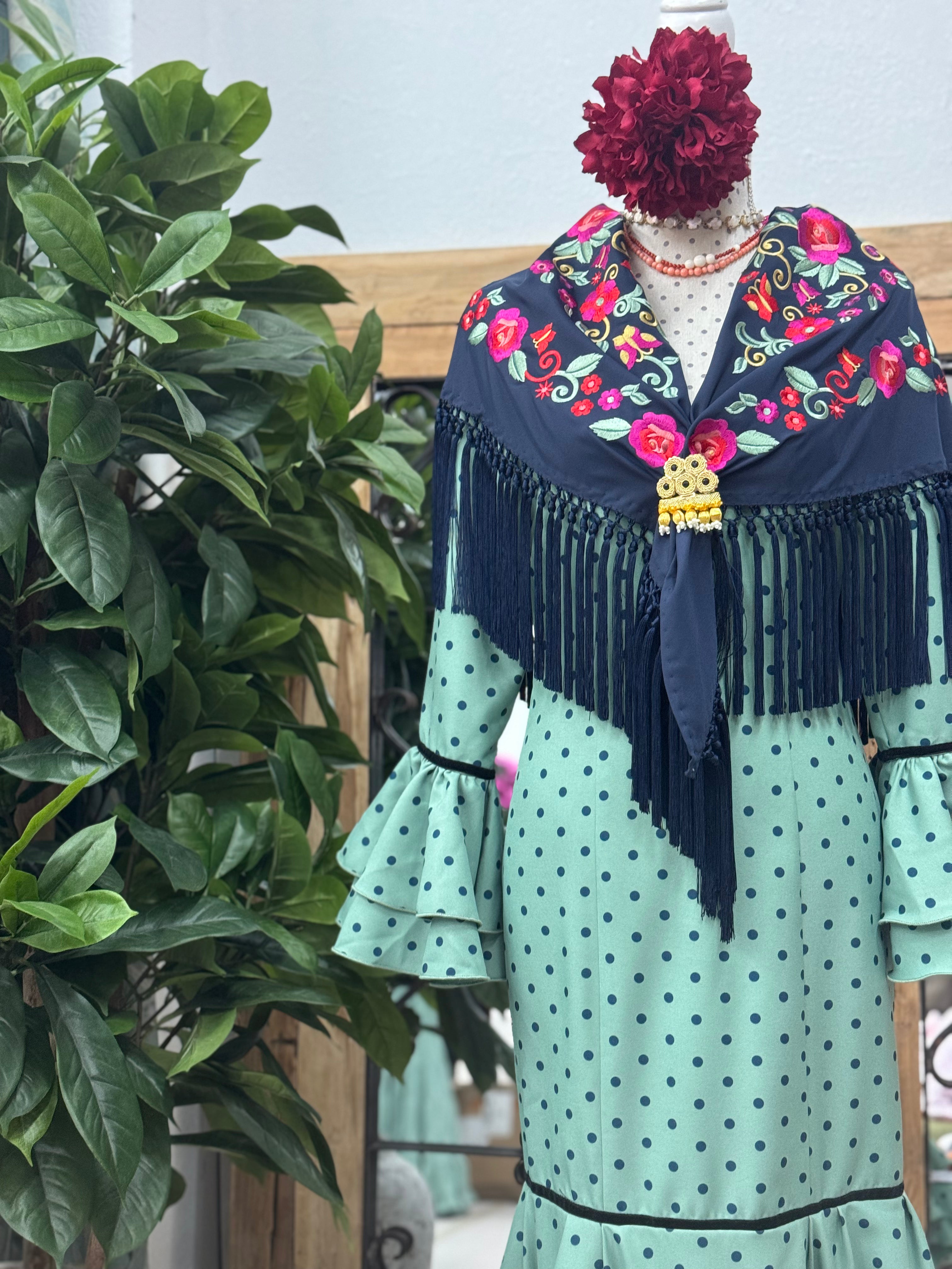 Traje de Flamenca Mod. Málaga Verde Empolvado Lunar Azul