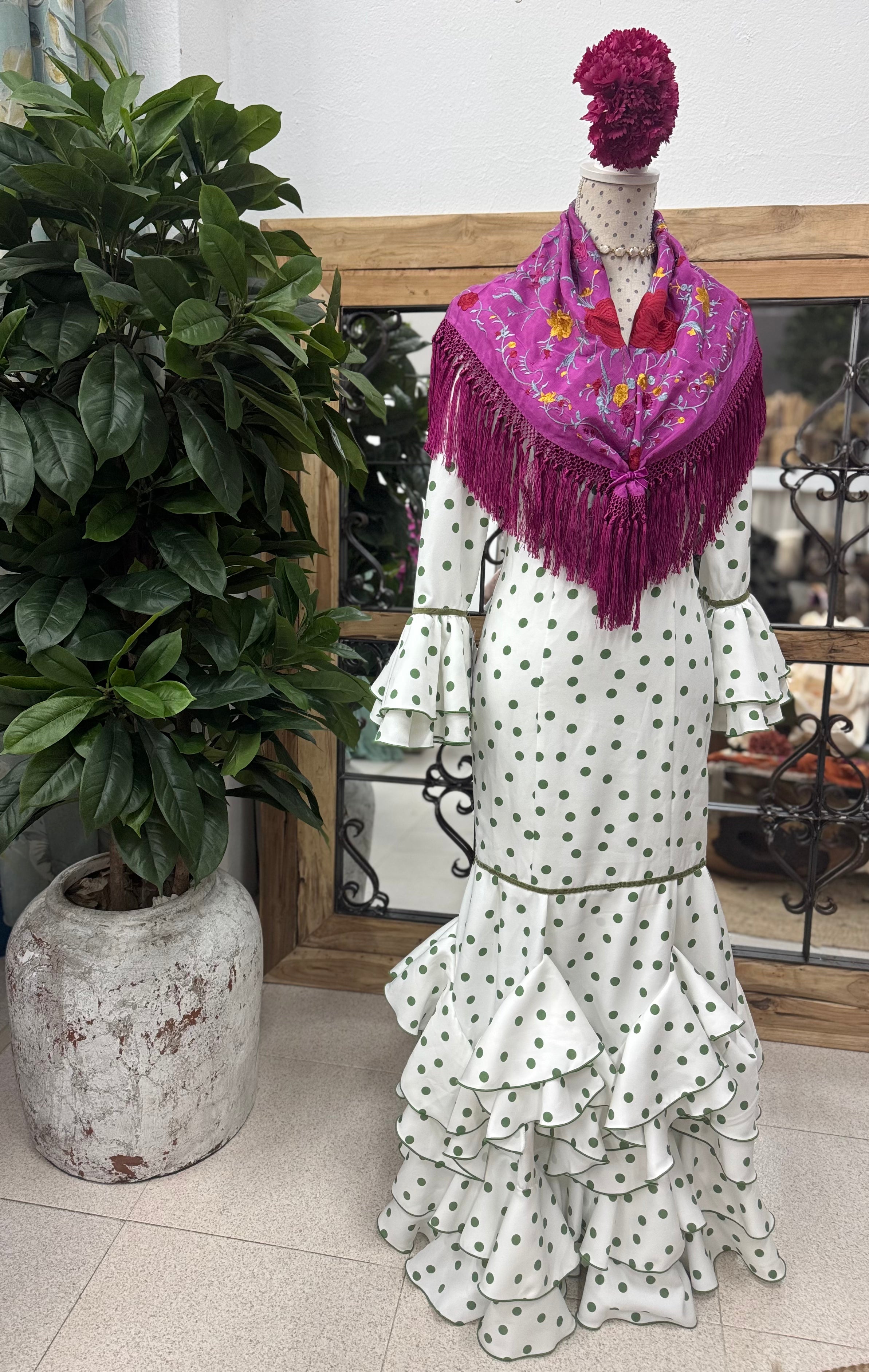Traje de Flamenca Mod.Málaga Blanco Lunar Verde