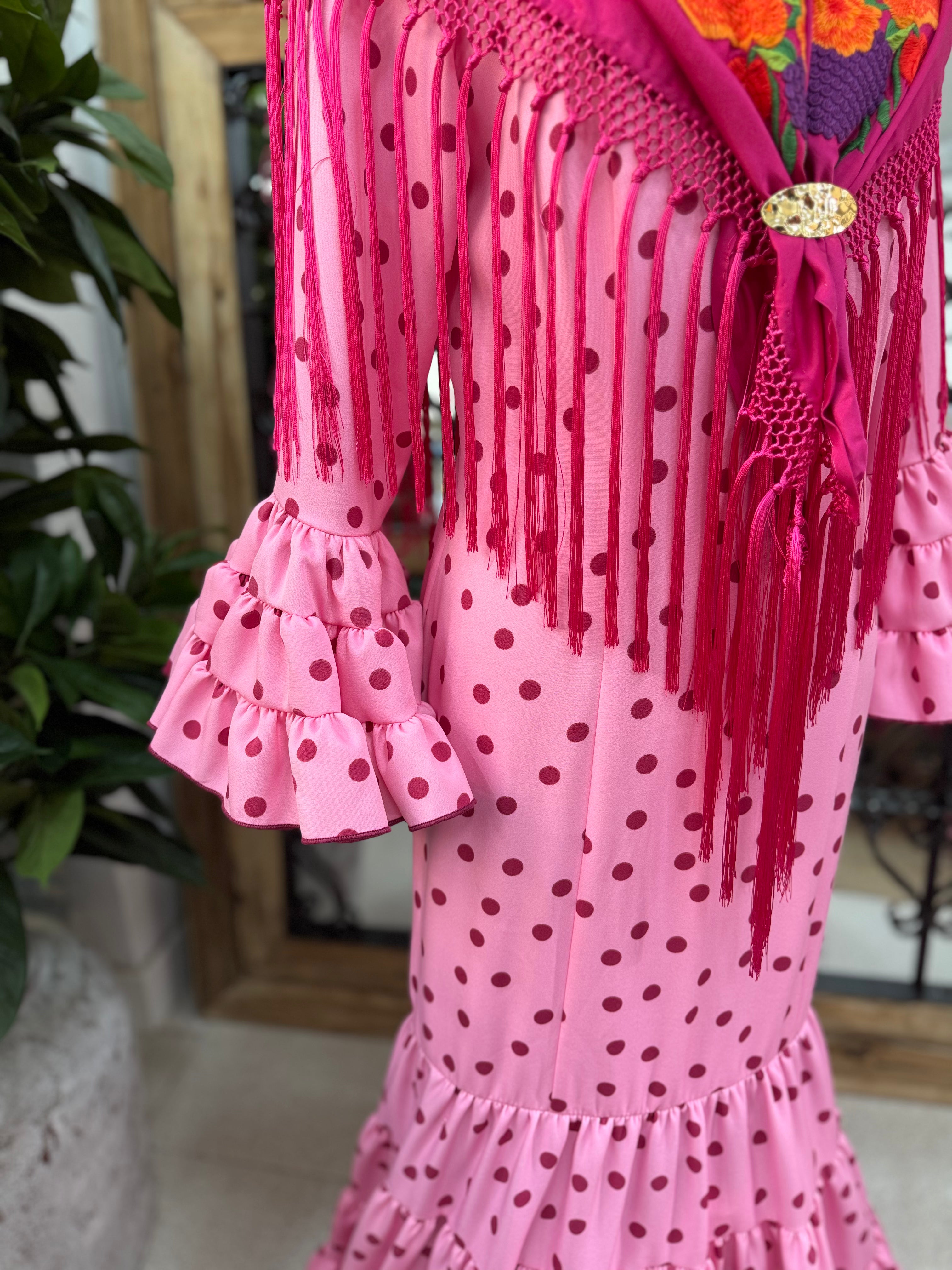 Traje de Flamenca Mod.Cordobesa Bioelastico Rosa con Burdeos