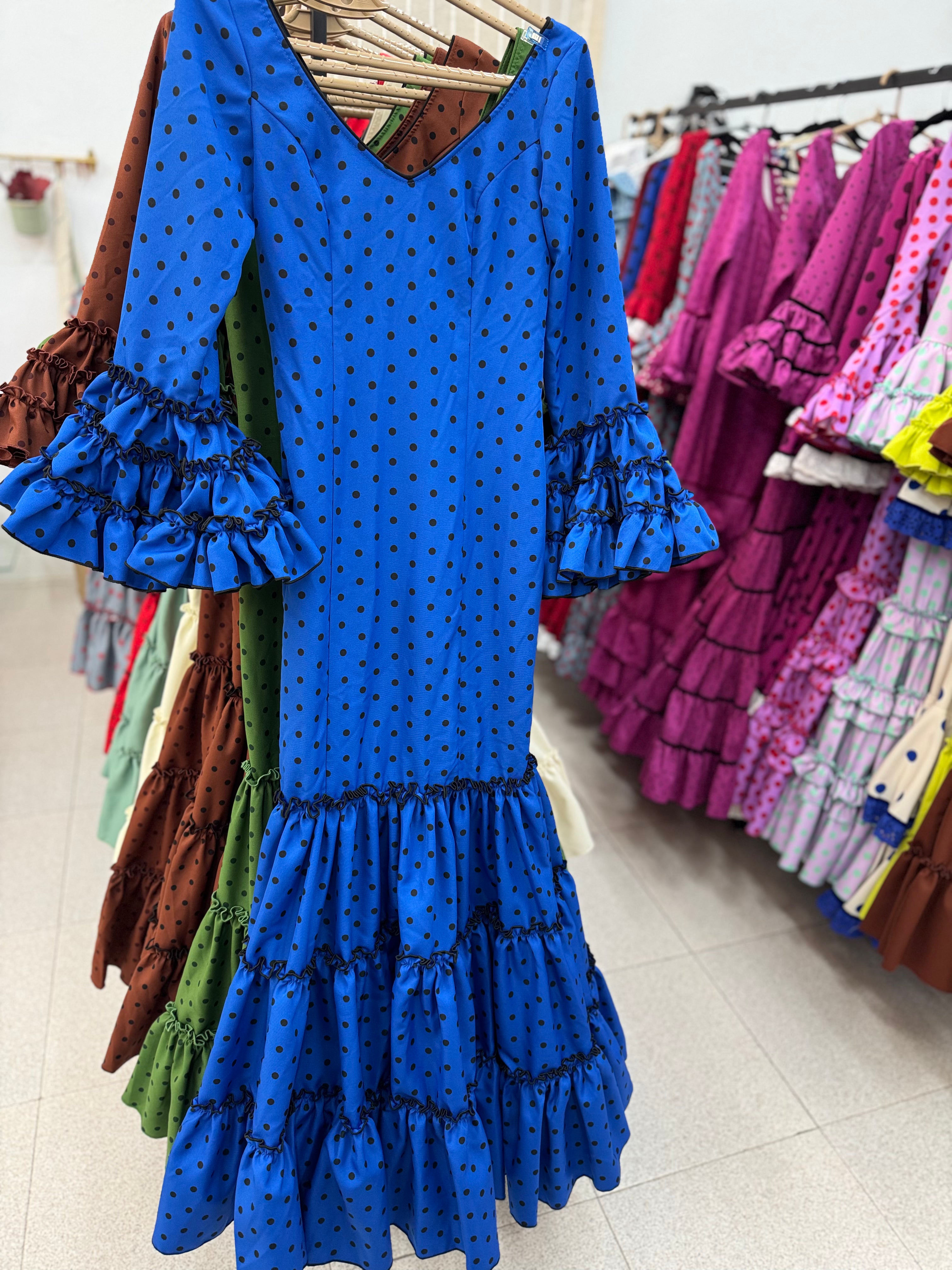 Traje Flamenca Córdoba Azul con Lunar Negro T.36