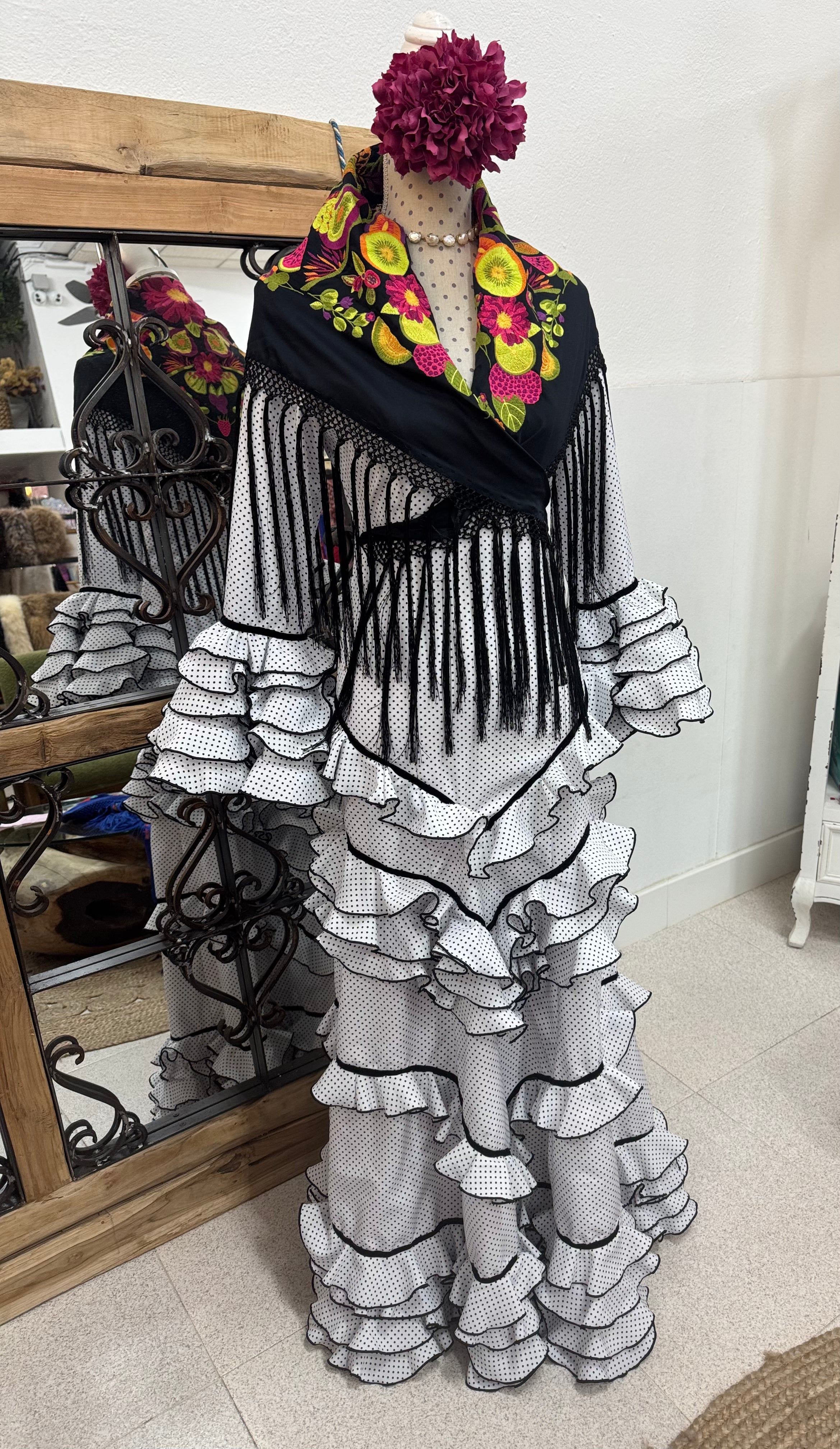 Traje Flamenca Mod. Cádiz Blanco Topo Negro