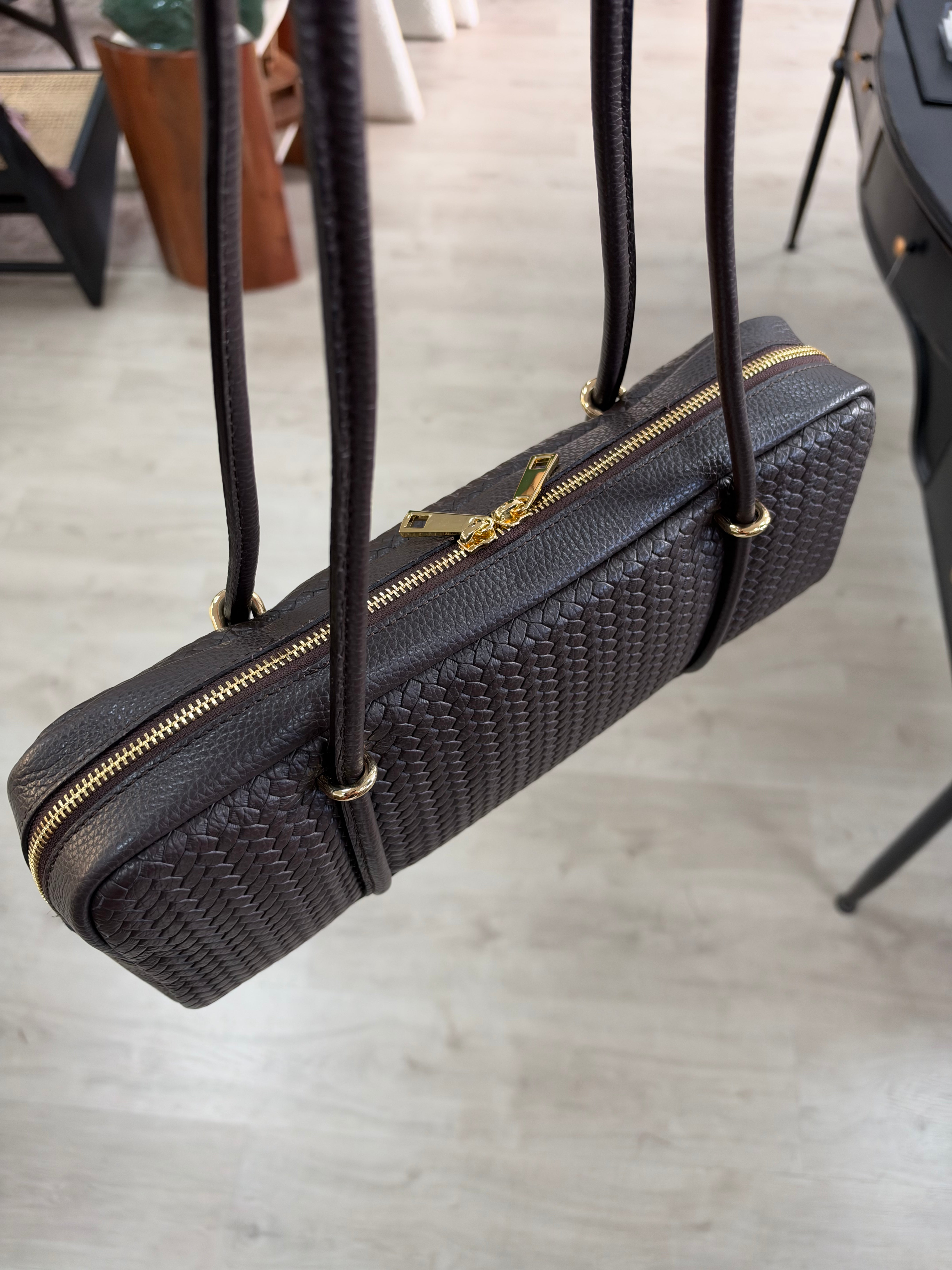 Bolso Piel Bague Trenzado Marrón
