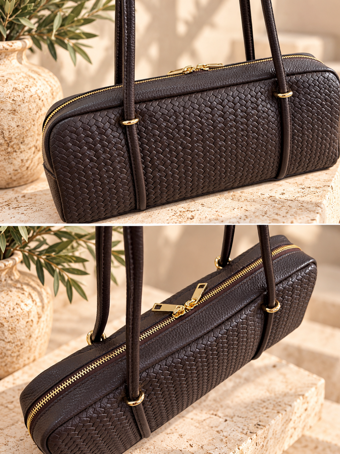 Bolso Piel Bague Trenzado Marrón