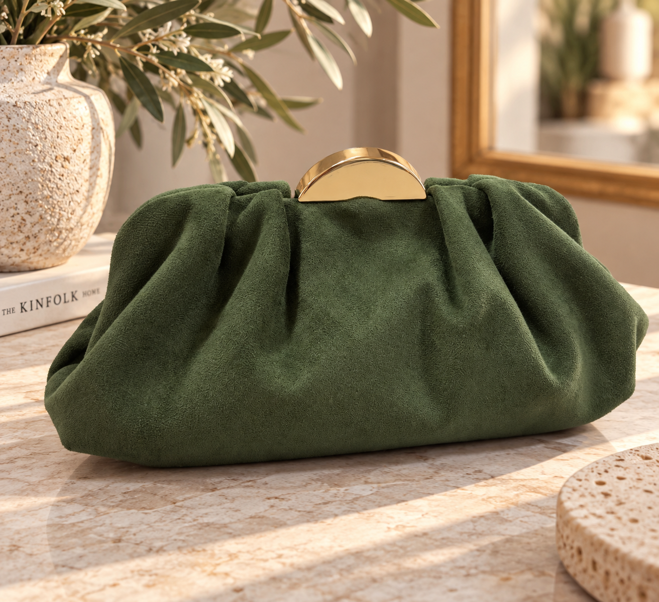 Bolso de Mano Ante Verde Hoja