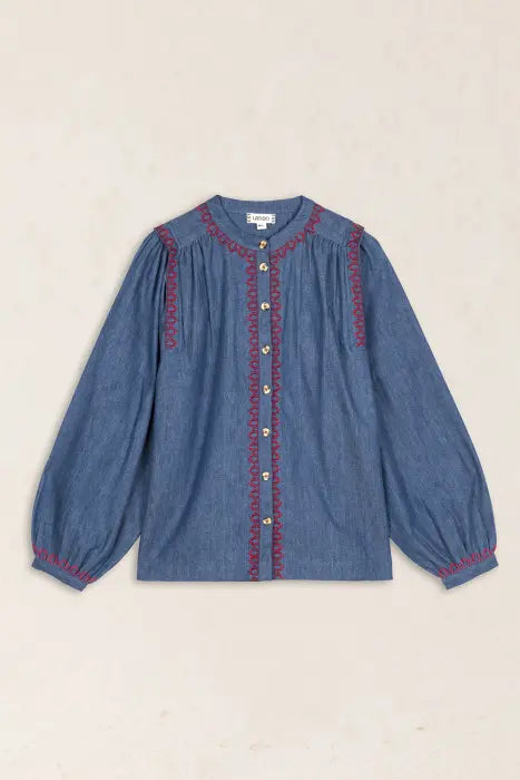 Camisa Denim Bordado Rojo Latido