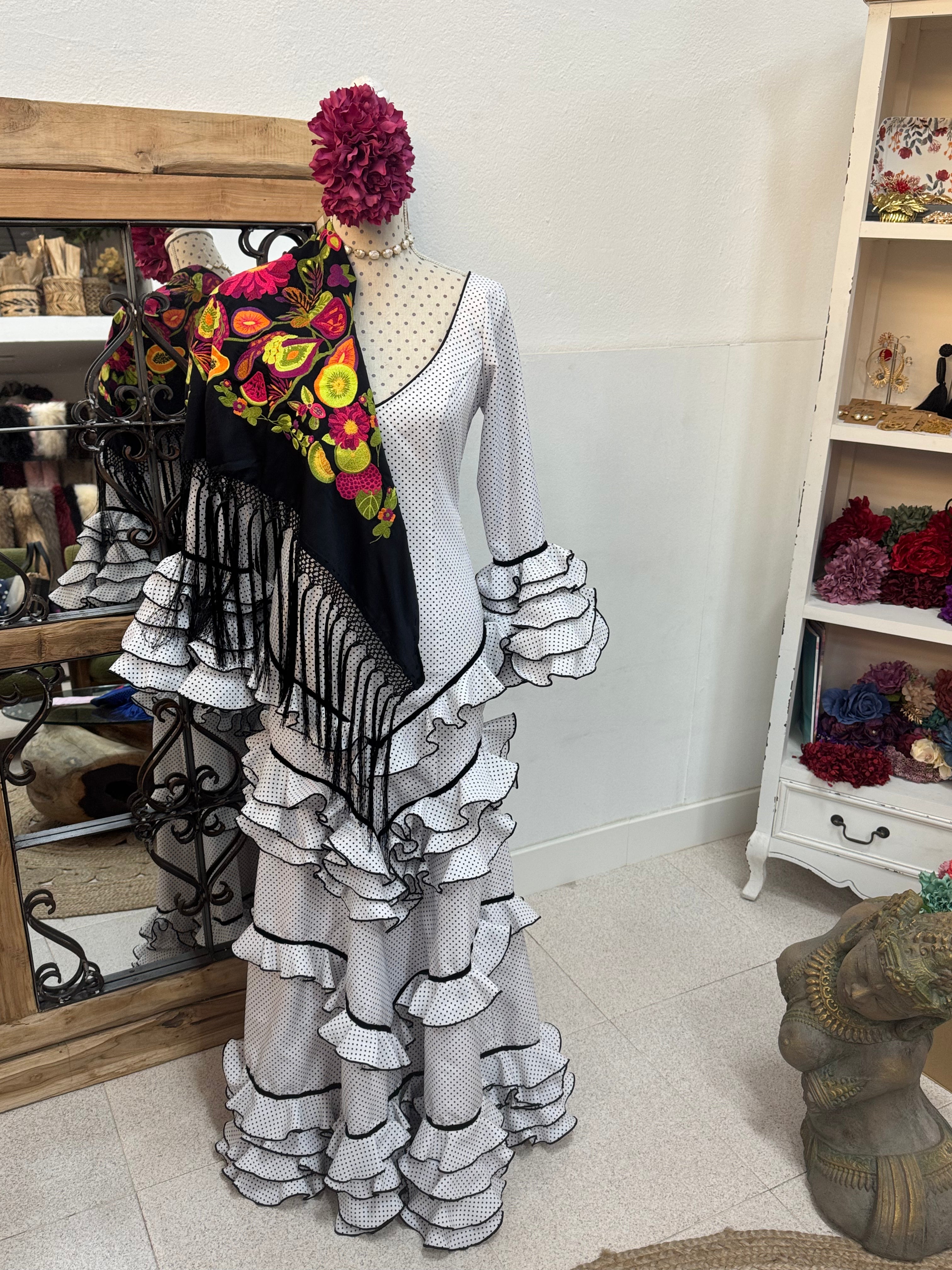 Traje Flamenca Mod. Cádiz Blanco Topo Negro