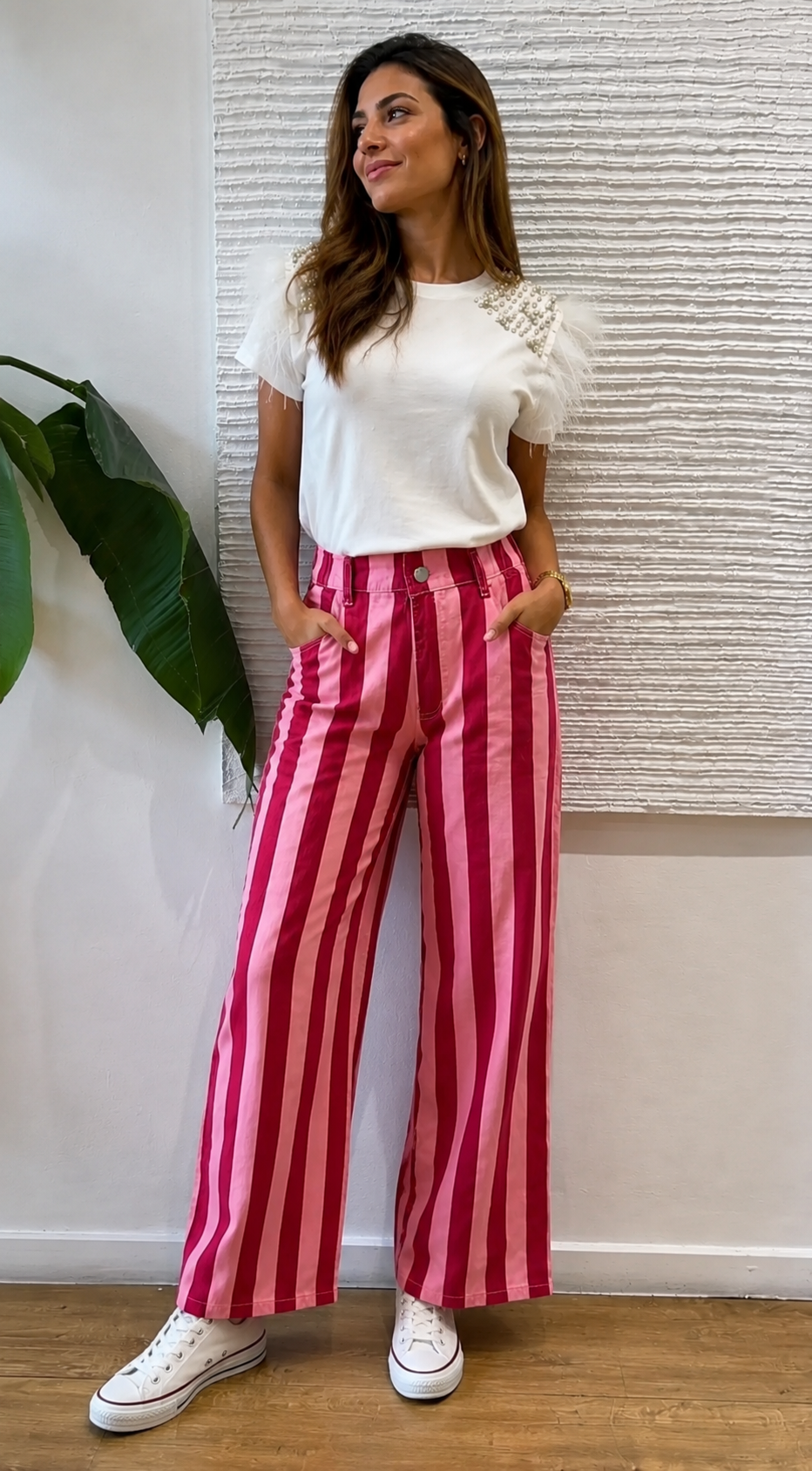 Pantalón Denim Rayas Rosa Rojo