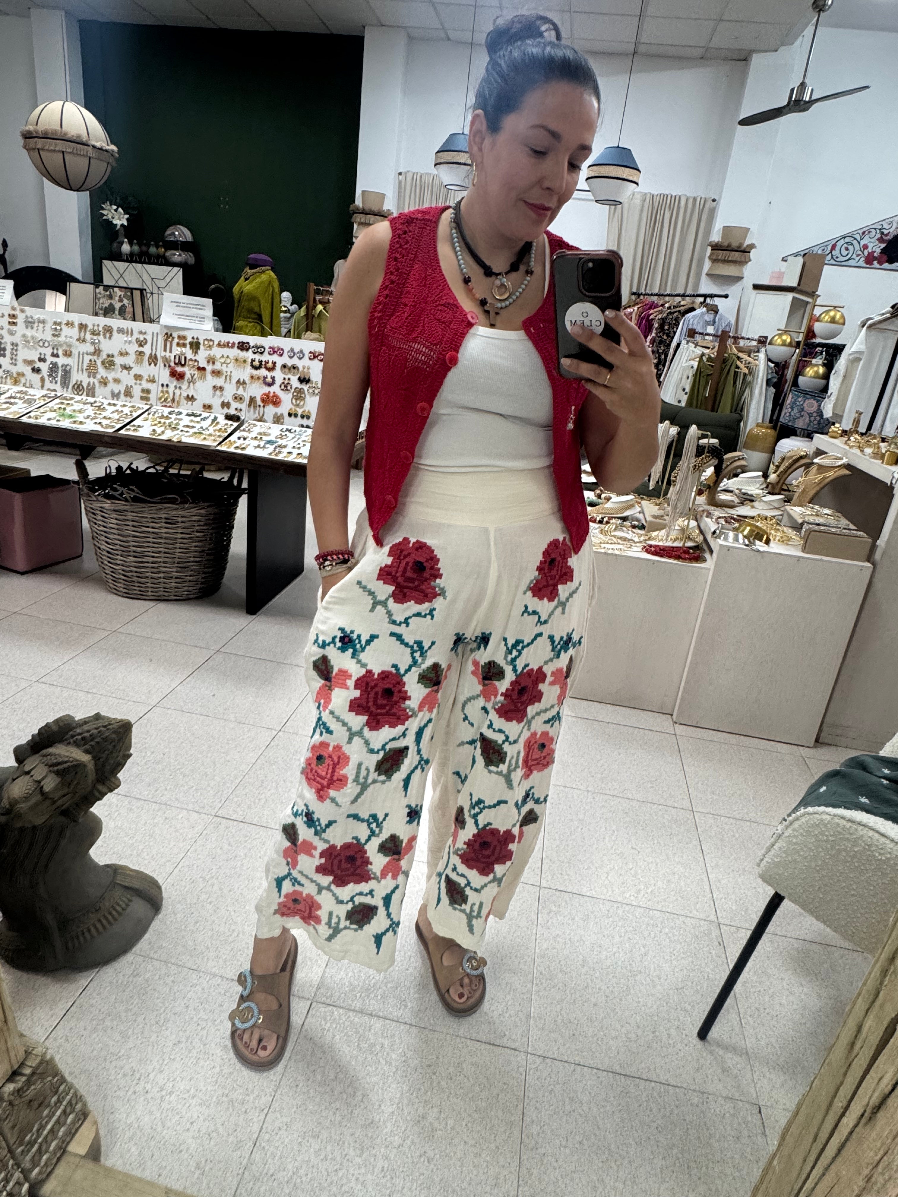 Pantalón Bambula Flores Bordadas